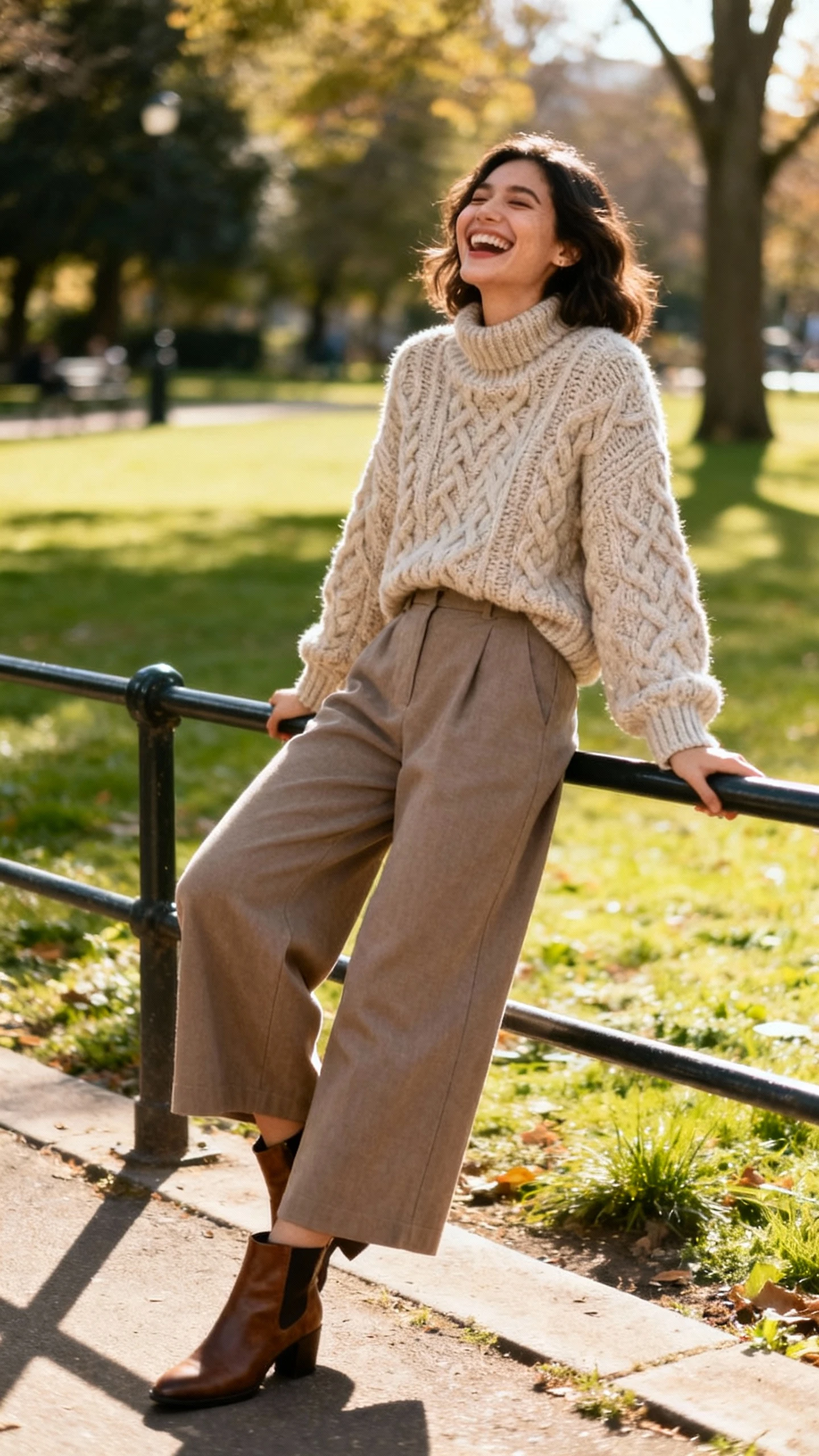 A woman wearing a chunky knit sweater with wide-leg trousers and ankle boots, laughing while leaning on a park railing, casual iPhone photo style, sunny day, outdoor setting.