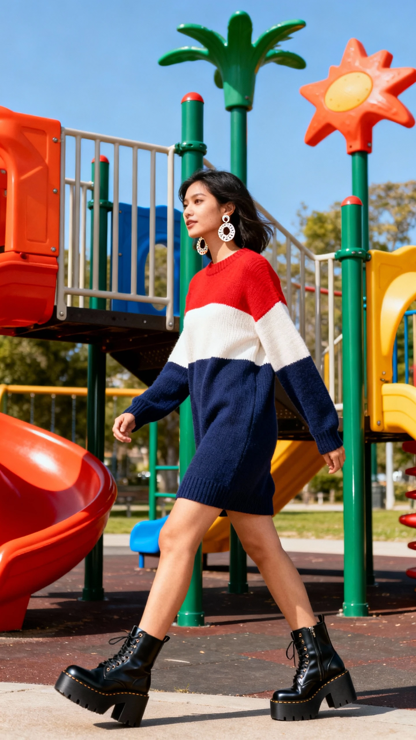 A woman wearing a color-blocked sweater dress with bold platform boots and statement earrings, striding past colorful park equipment, dynamic angle, casual iPhone photo style, sunny day, outdoor setting.