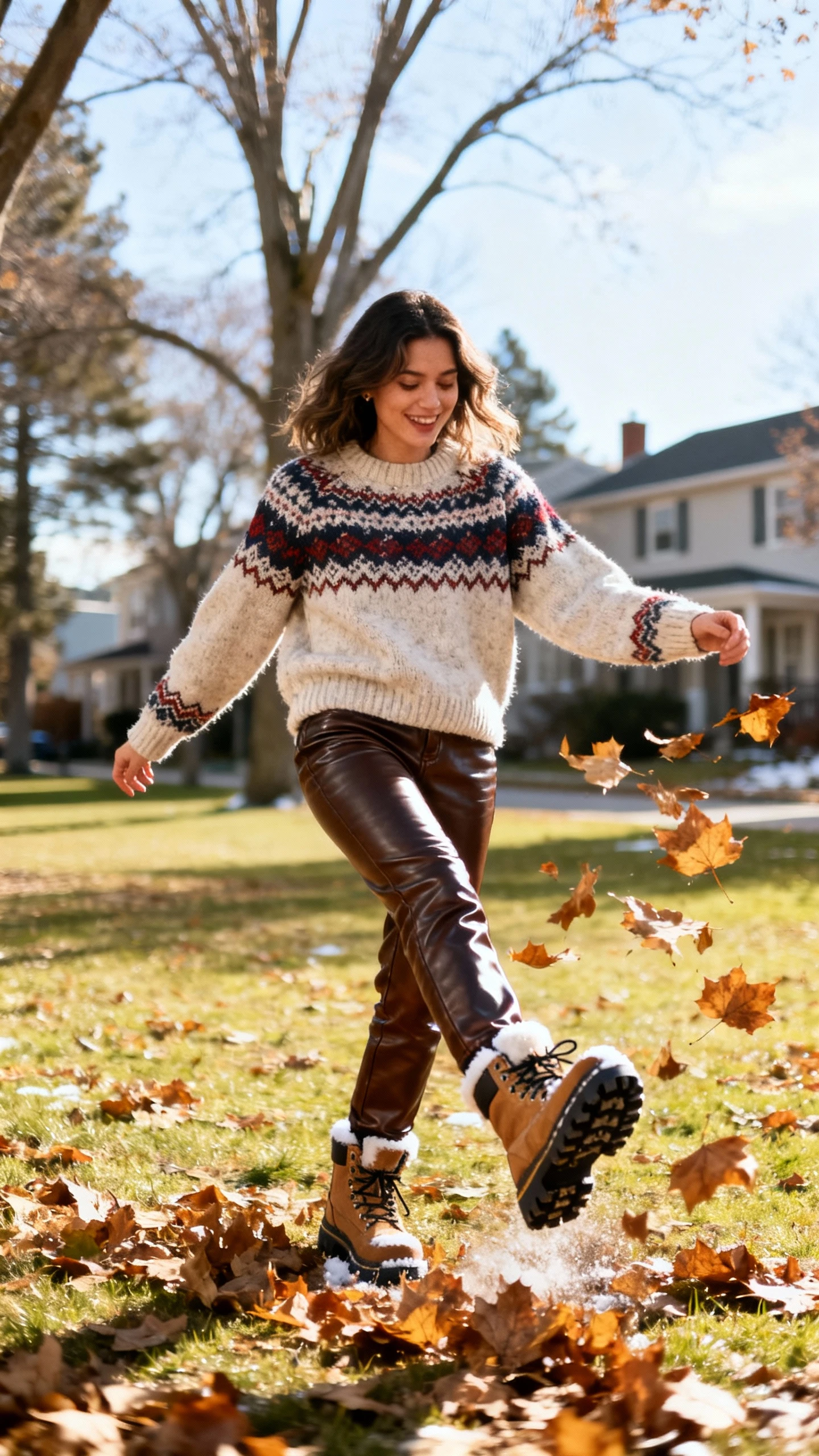 A woman wearing a cozy Fair Isle sweater, leather pants, and snow-ready lug boots, kicking up leaves in a neighborhood park, casual iPhone photo style, sunny day, outdoor setting.