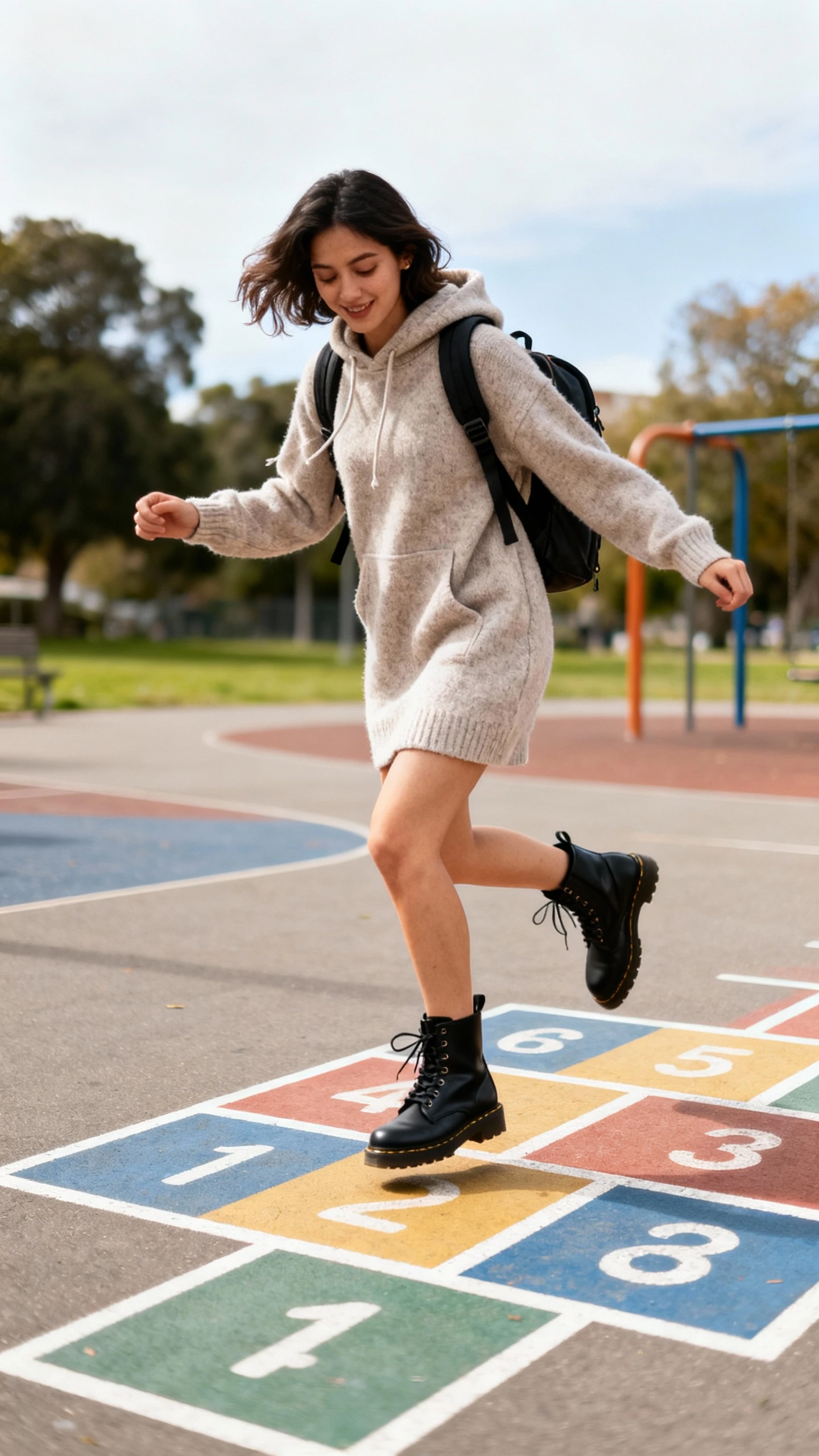 A woman wearing a cozy hoodie sweater dress with black combat boots and a backpack, hopping over playground hopscotch lines, casual iPhone photo style, natural daylight, outdoor setting.