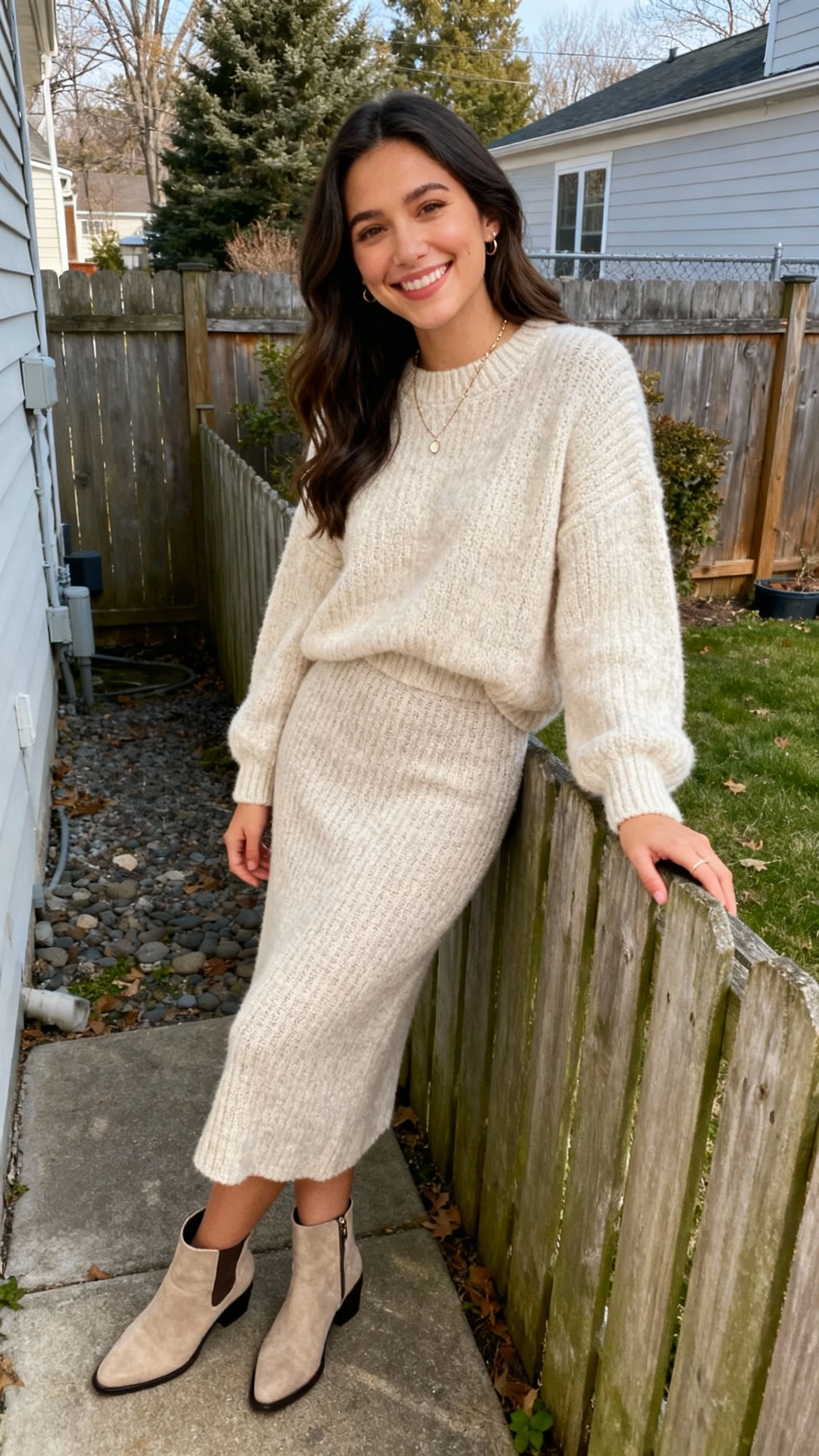 A woman wearing a cozy luxe knit set—soft sweater and matching knit midi skirt—with ankle boots and minimal jewelry, leaning on a backyard fence, candid smile, casual iPhone photo style, natural daylight, outdoor setting.