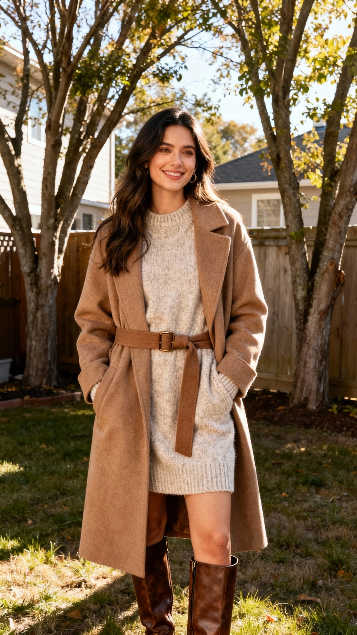 A woman wearing a cozy sweater dress layered under a belted coat with tall boots, hands in pockets, standing by backyard trees, casual iPhone photo style, sunny day, outdoor setting.
