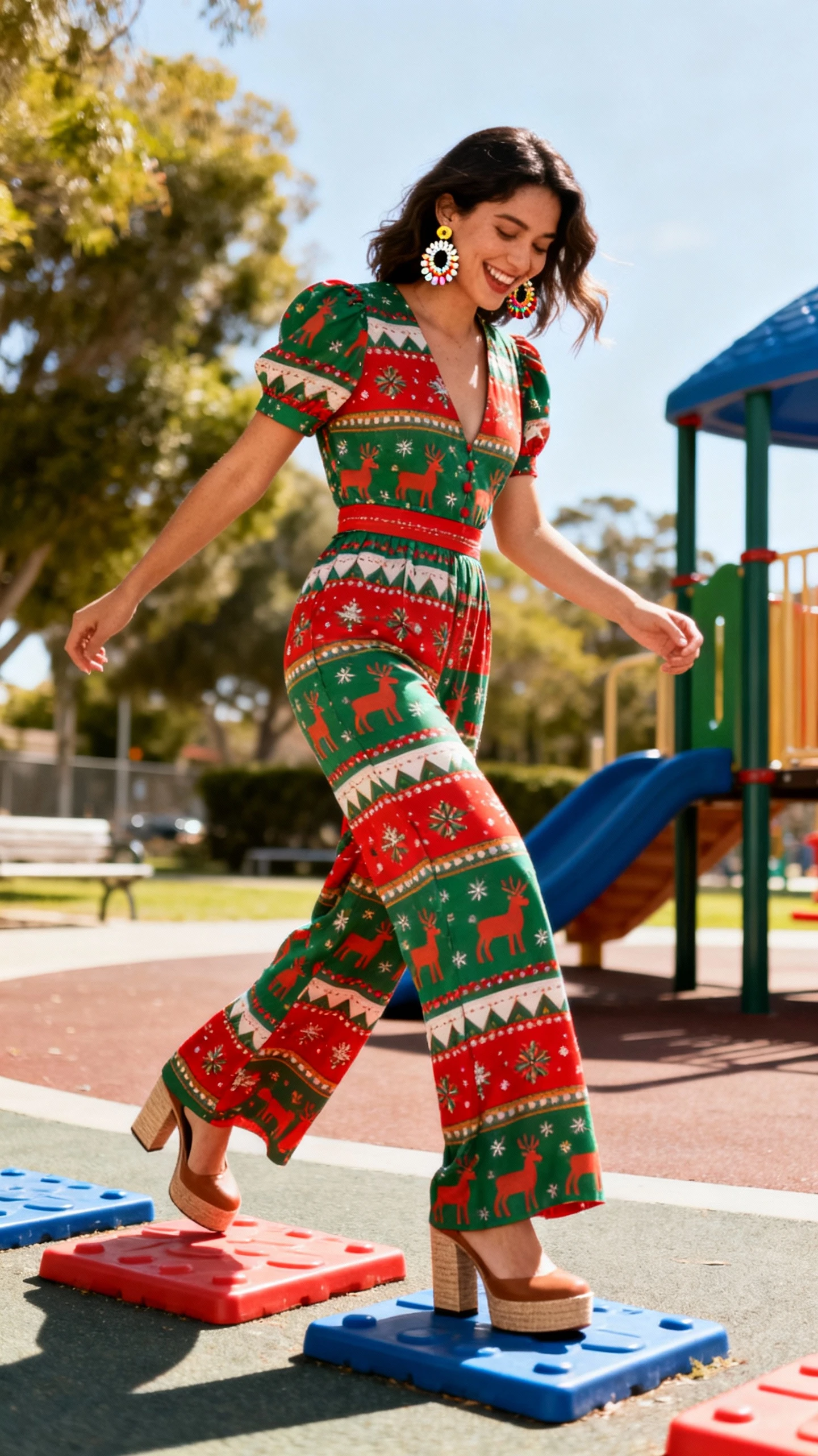 A woman wearing a festive jumpsuit with defined waist and wide legs, statement earrings, and platform heels, stepping over playground tiles with a playful grin, casual iPhone photo style, natural daylight, outdoor setting.