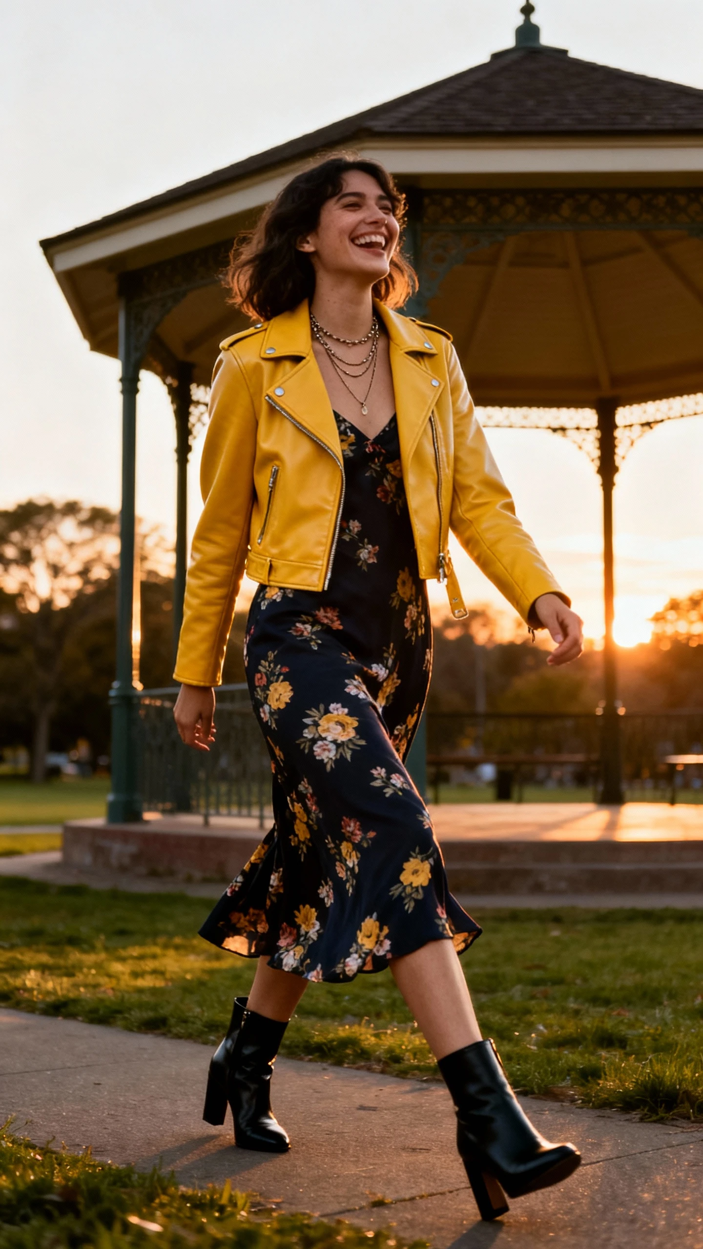 A woman wearing a fitted yellow leather jacket over a dark floral slip dress, black heeled booties, and layered necklaces, laughing near a park gazebo at dusk, casual iPhone photo style, natural daylight, outdoor setting.