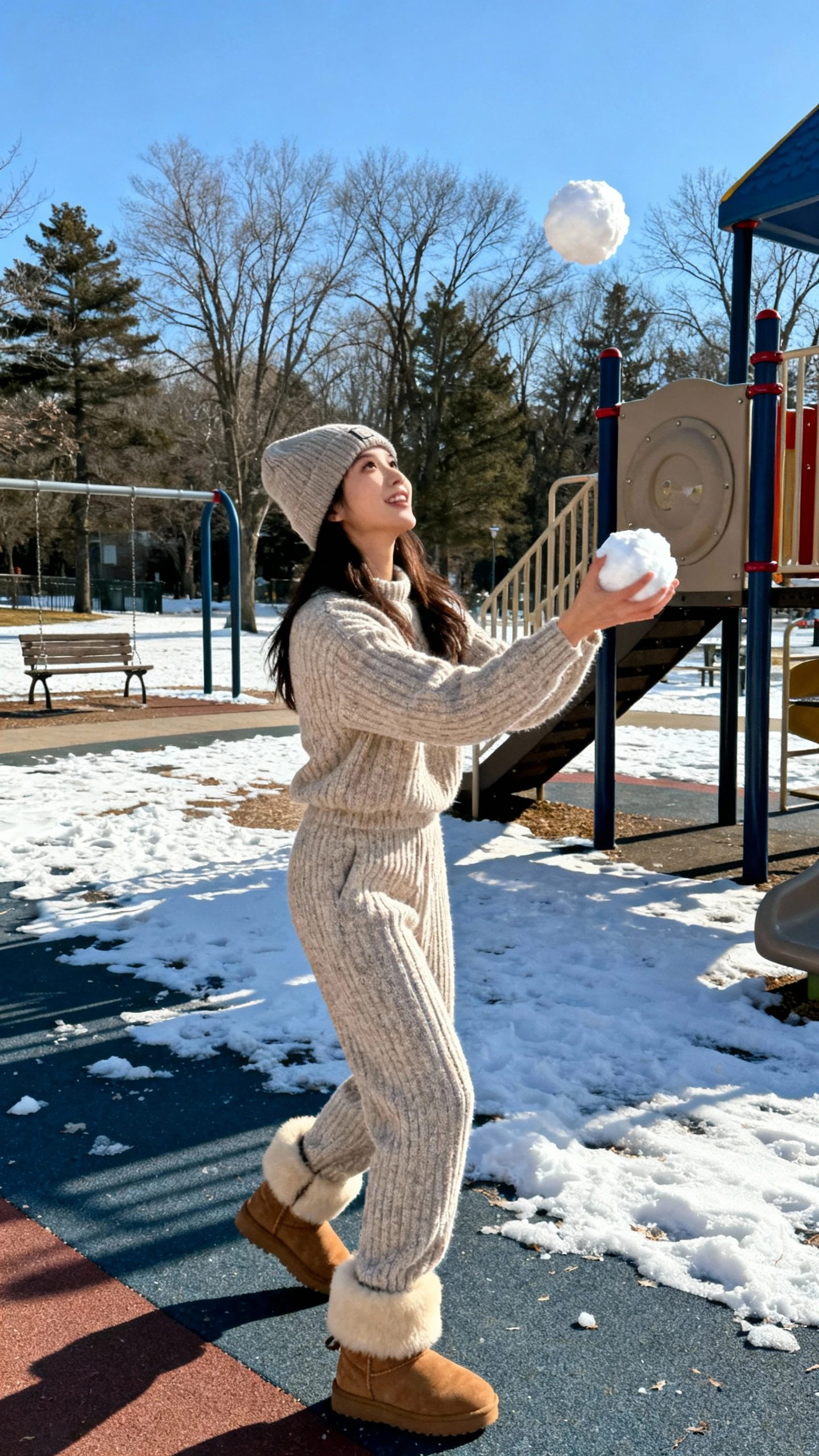 A woman wearing a knit suit (matching sweater and knit pants) with shearling boots and a beanie, tossing a snowball in a park play area, casual iPhone photo style, sunny day, outdoor setting.