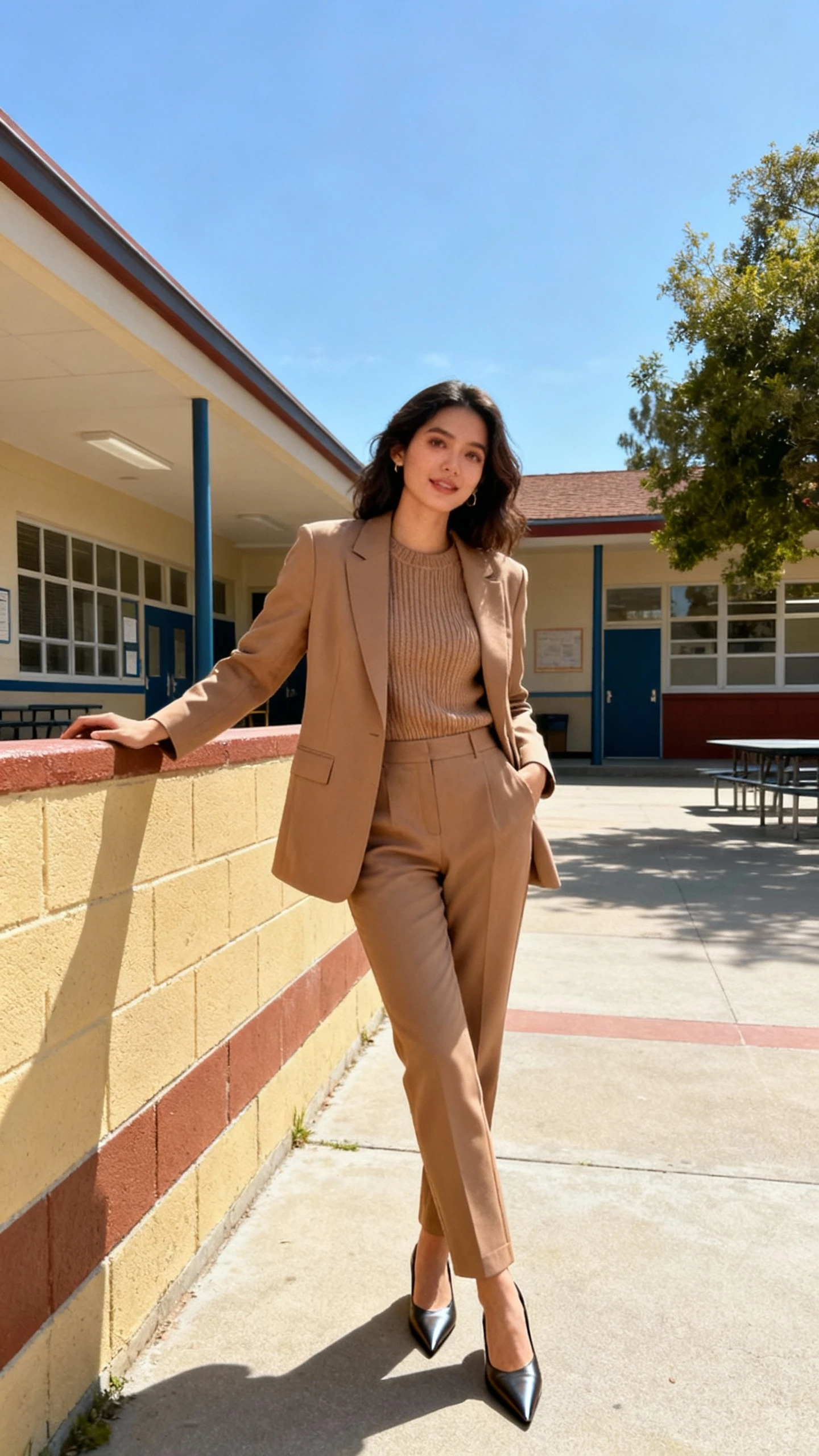 A woman wearing a monochrome blazer and matching tailored pants with a same-tone knit top and sleek pointed flats, posing naturally near a school courtyard wall, casual iPhone photo style, sunny day, outdoor setting.