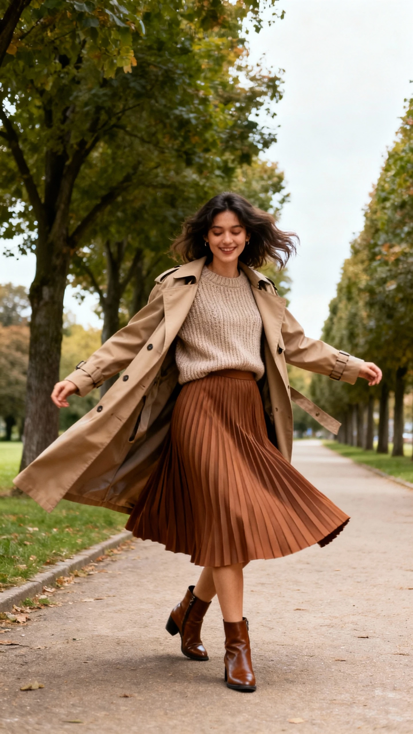 A woman wearing a pleated midi skirt, fine-knit sweater, ankle boots, and a trench coat, twirling near a tree-lined path, casual iPhone photo style, natural daylight, outdoor setting.