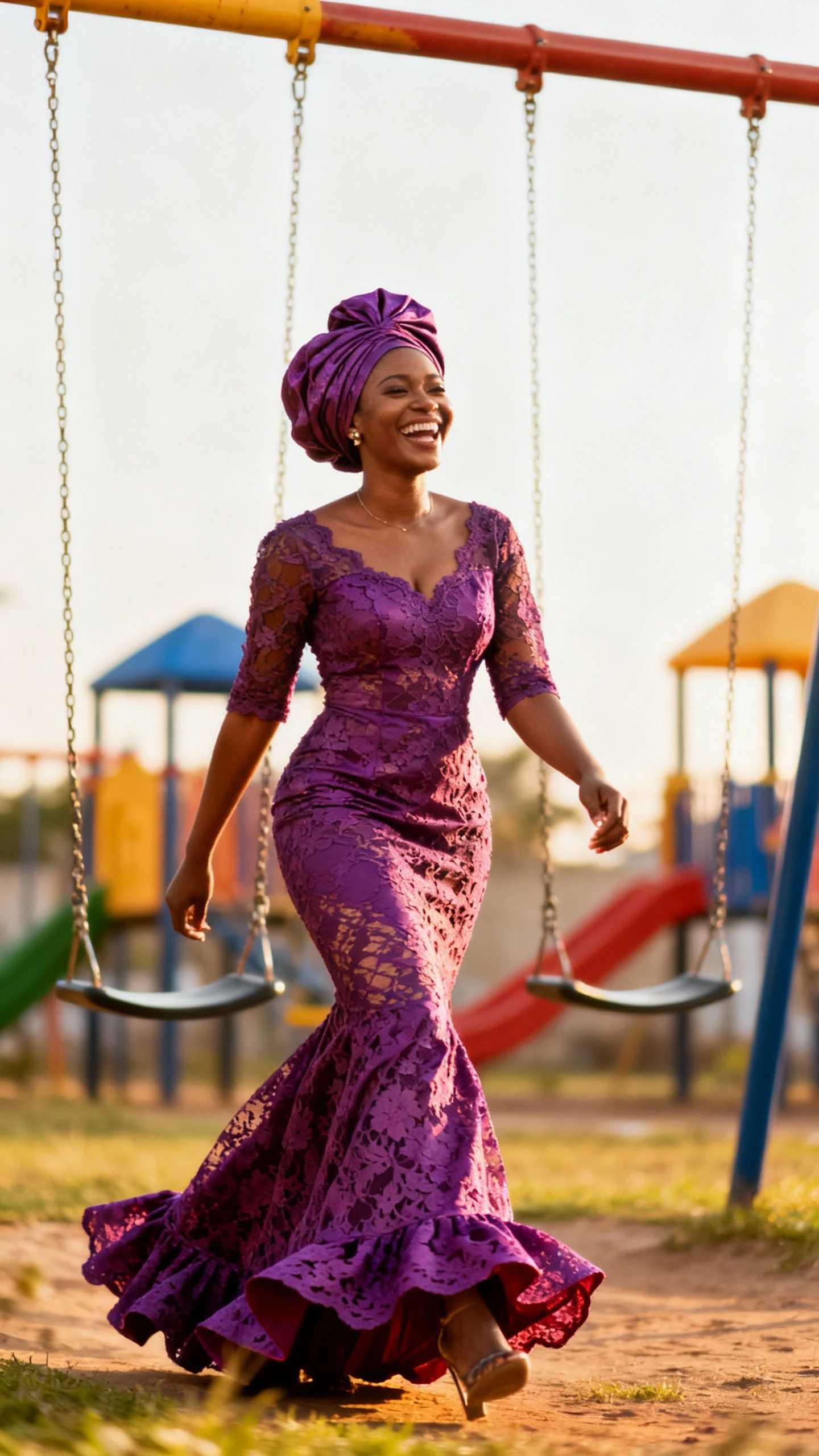A woman wearing a regal aso ebi mermaid lace gown with dramatic flared hem and gele headwrap, laughing while walking past playground swings, casual iPhone photo style, natural daylight, outdoor setting.