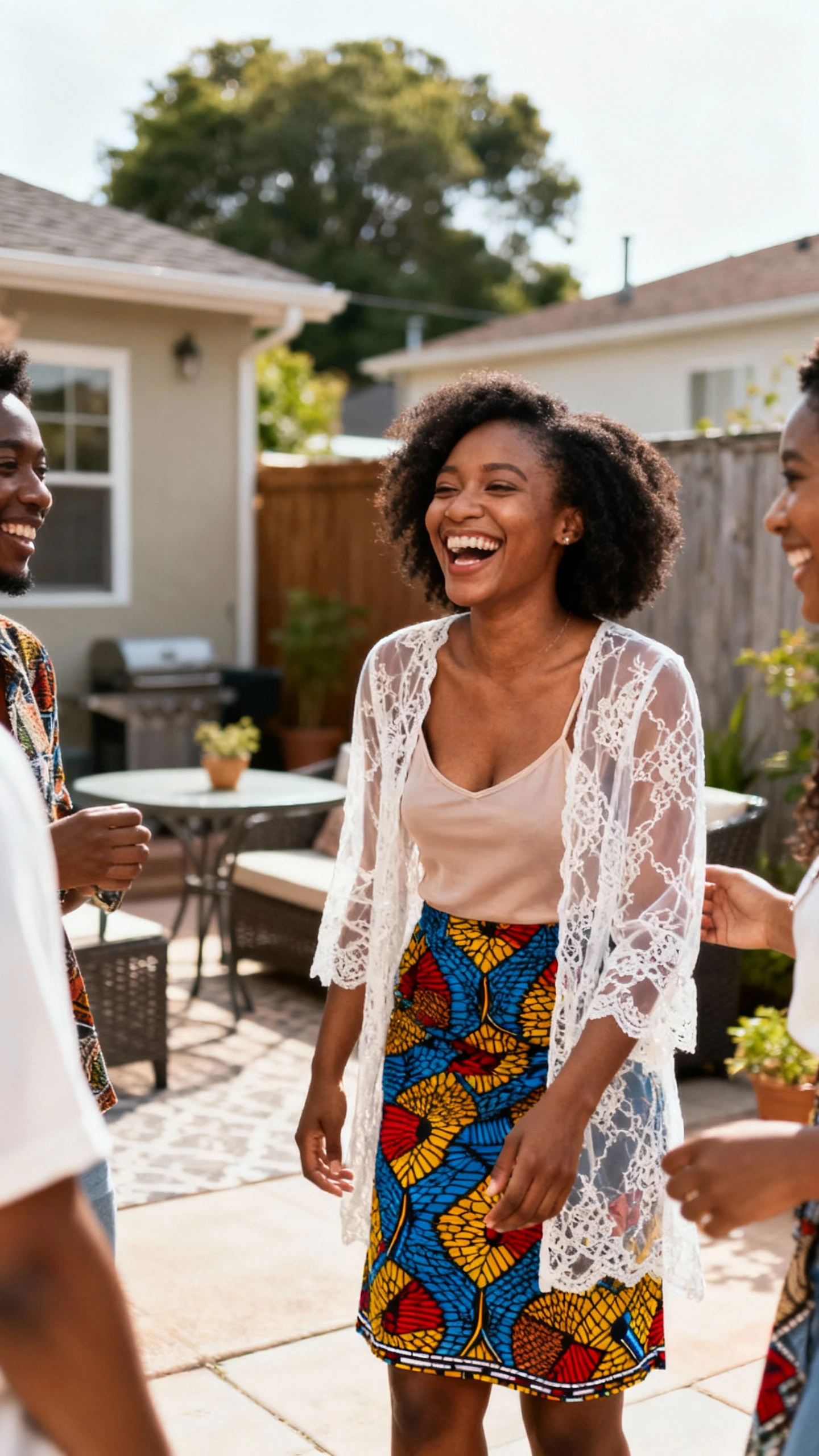 A woman wearing a sheer lace top layered over a camisole and an Ankara print skirt, laughing with friends by a backyard patio, casual iPhone photo style, natural daylight, outdoor setting.