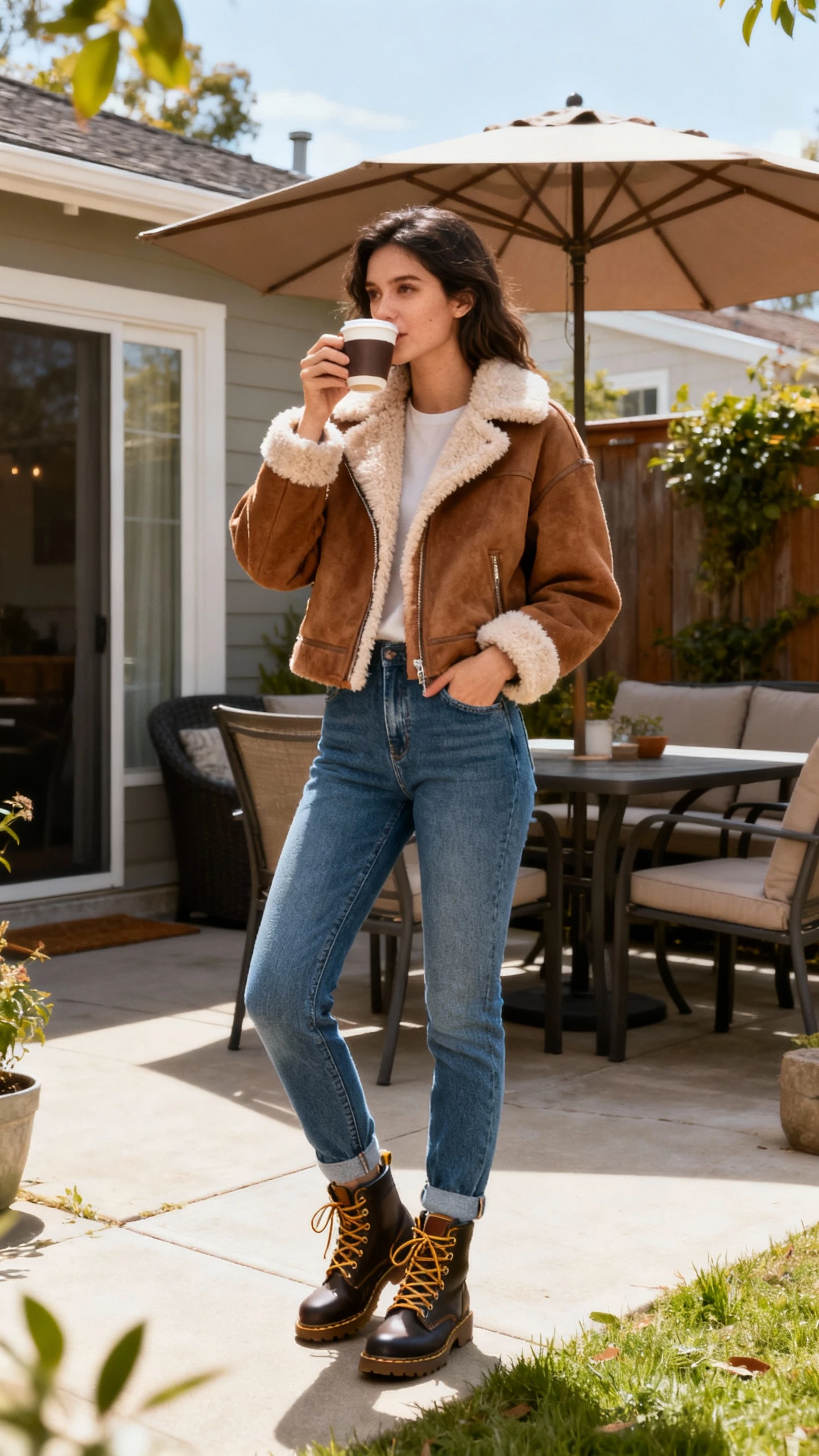 A woman wearing a sherpa-lined shacket with thermal denim jeans and lace-up boots, sipping coffee near a backyard patio, casual iPhone photo style, natural daylight, outdoor setting.