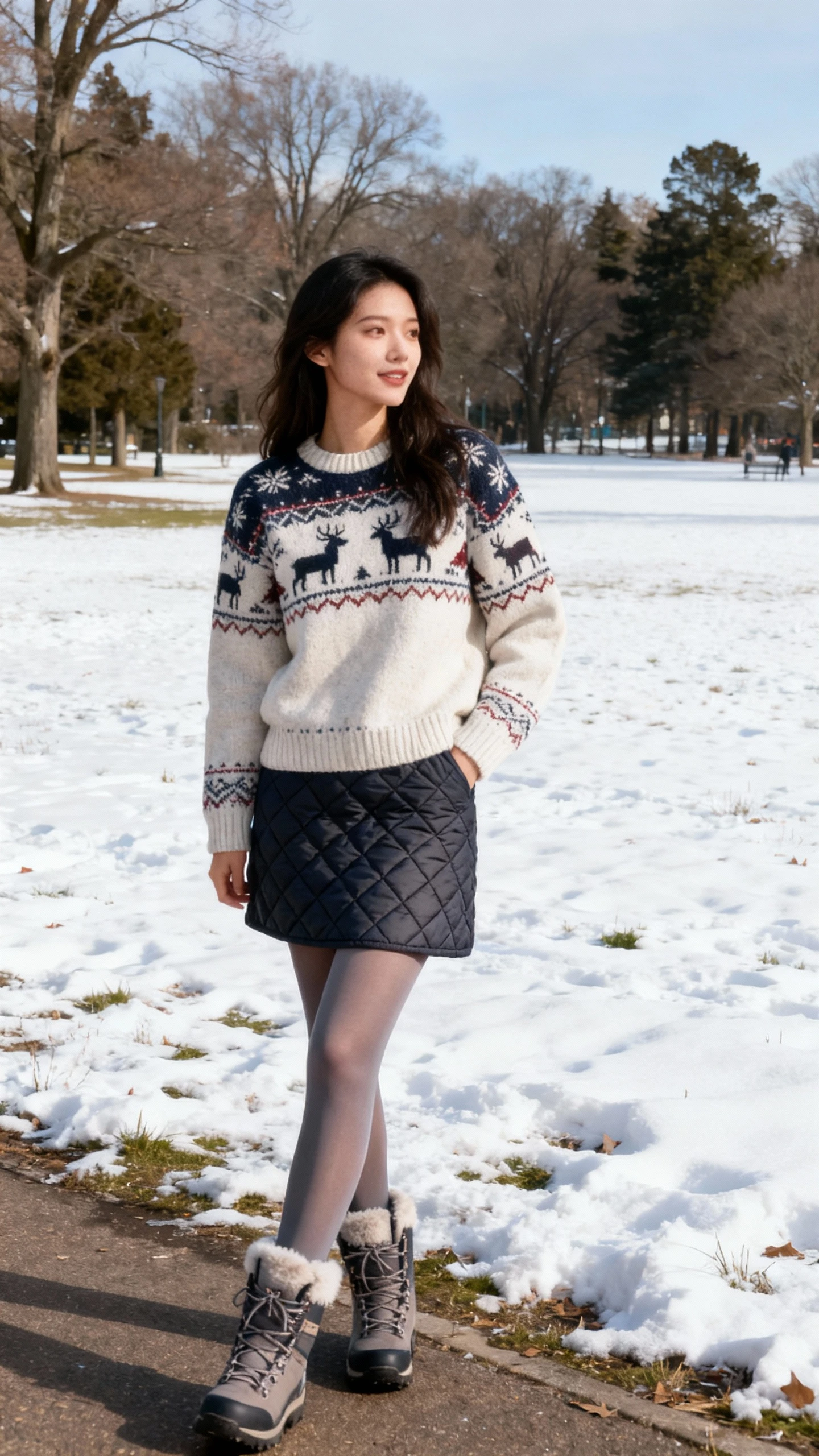 A woman wearing a ski chalet sweater with a quilted skirt, opaque tights, and winter boots, standing by a snowy-looking park field, casual iPhone photo style, natural daylight, outdoor setting.