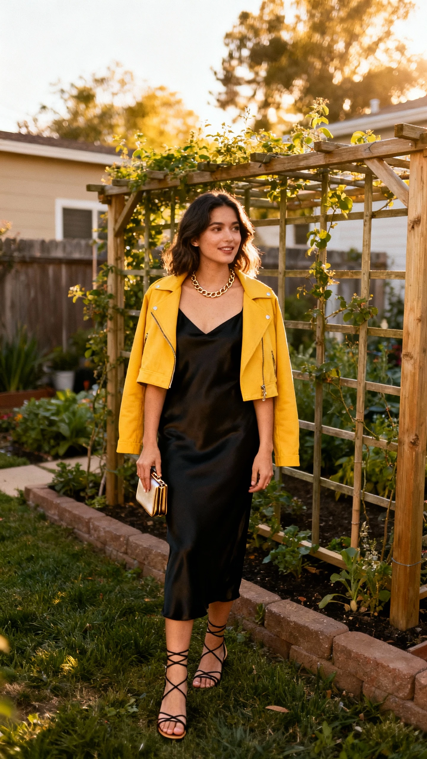 A woman wearing a slinky black slip dress topped with a cropped yellow jacket, delicate chain necklace, strappy sandals, and a mini clutch, standing by a backyard garden trellis at golden hour, casual iPhone photo style, natural daylight, outdoor setting.