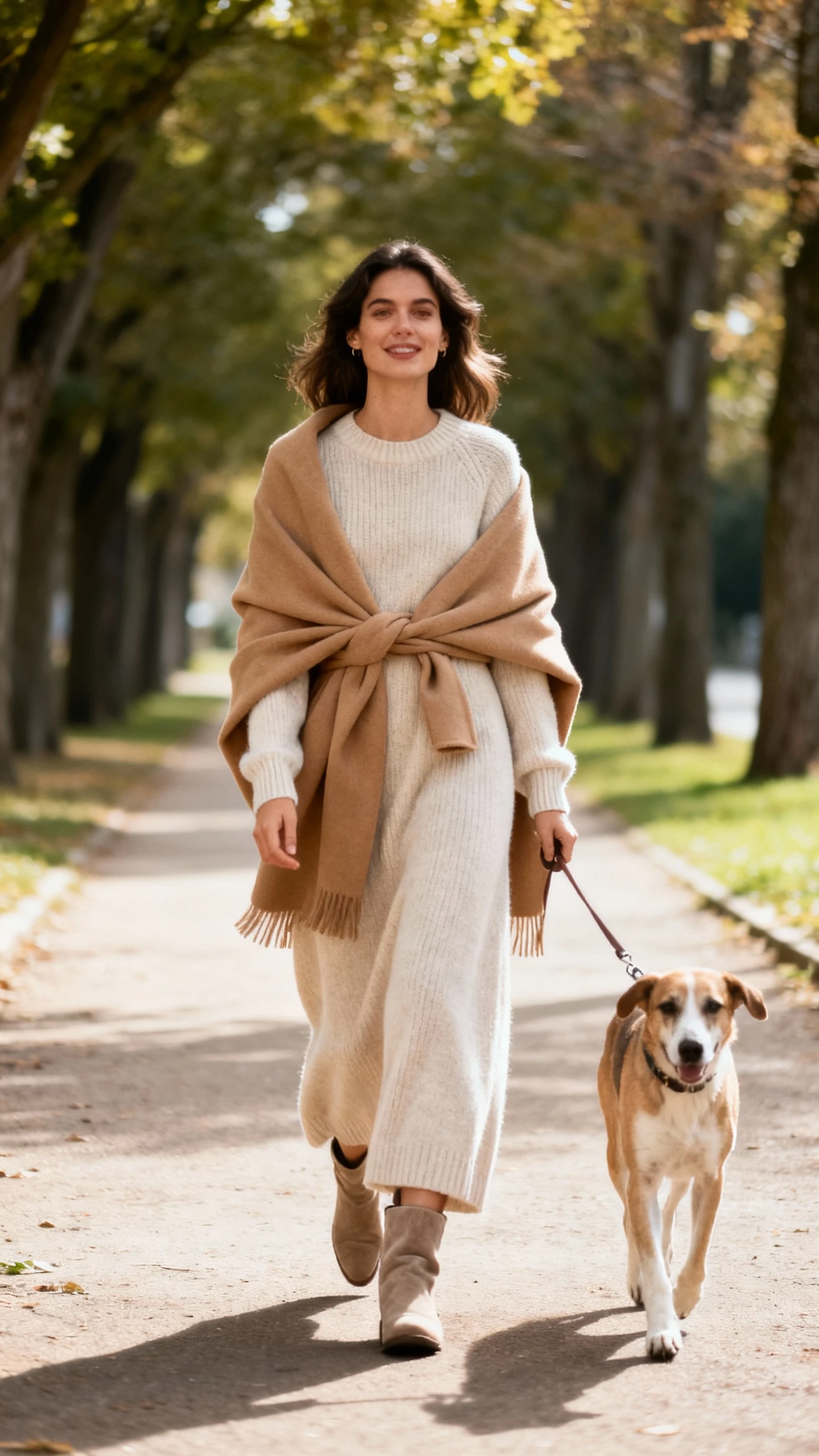 A woman wearing a soft neutrals maxi sweater dress with slouchy boots and a camel wrap coat over her shoulders, walking a dog along a tree-lined path, casual iPhone photo style, natural daylight, outdoor setting.