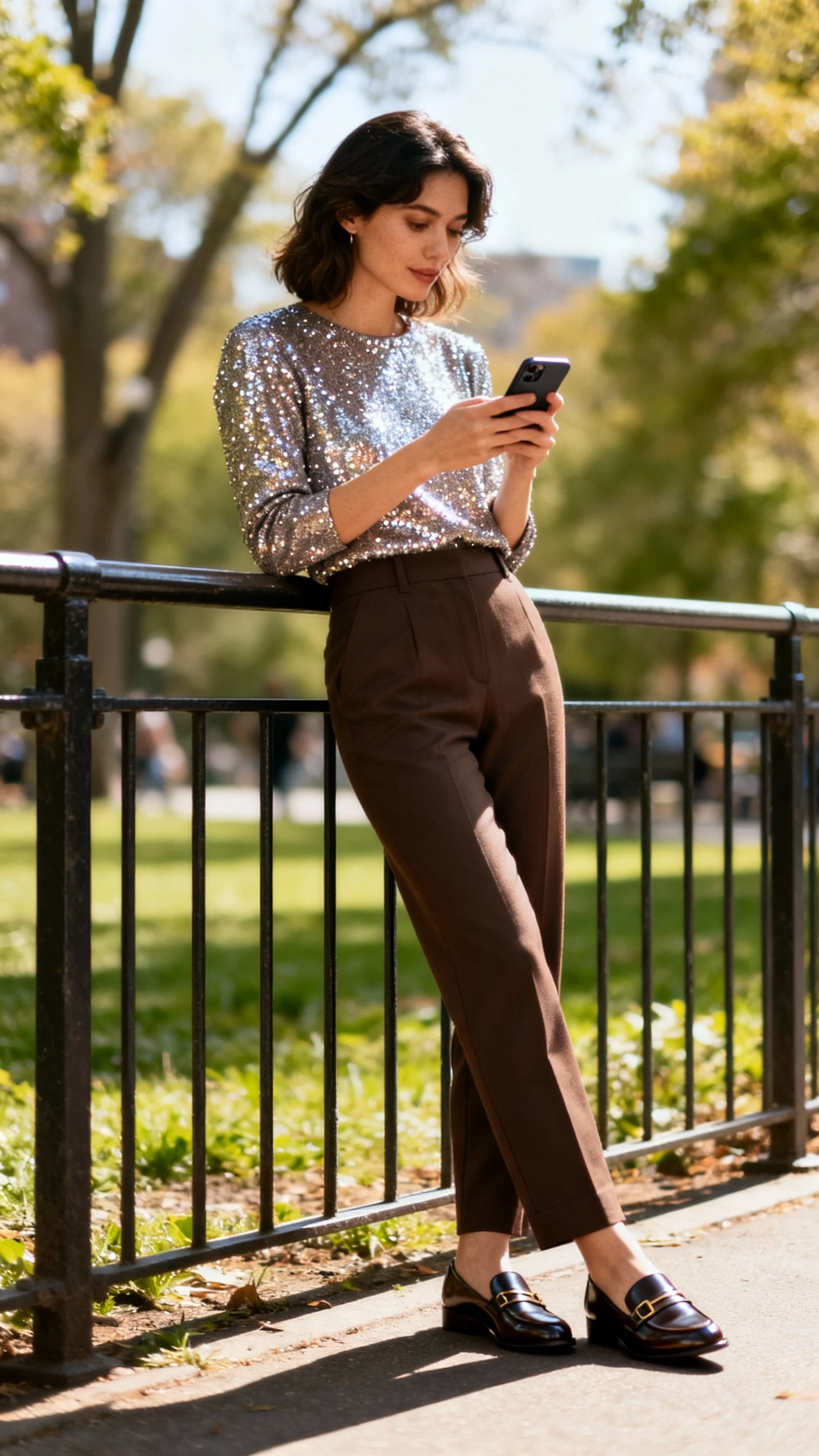 A woman wearing a sparkly top with tailored trousers and sleek loafers, checking her phone while leaning on a park railing, casual iPhone photo style, natural daylight, outdoor setting.