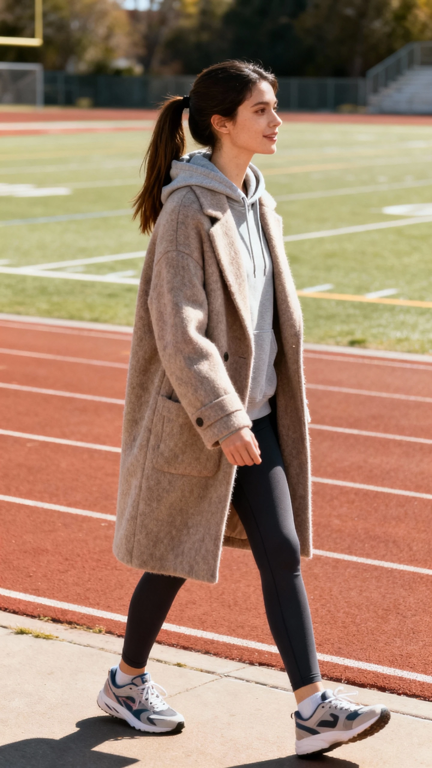 A woman wearing a statement wool coat over athleisure (leggings, hoodie, and trainers), strolling by a school track, hair in a ponytail, casual iPhone photo style, sunny day, outdoor setting.