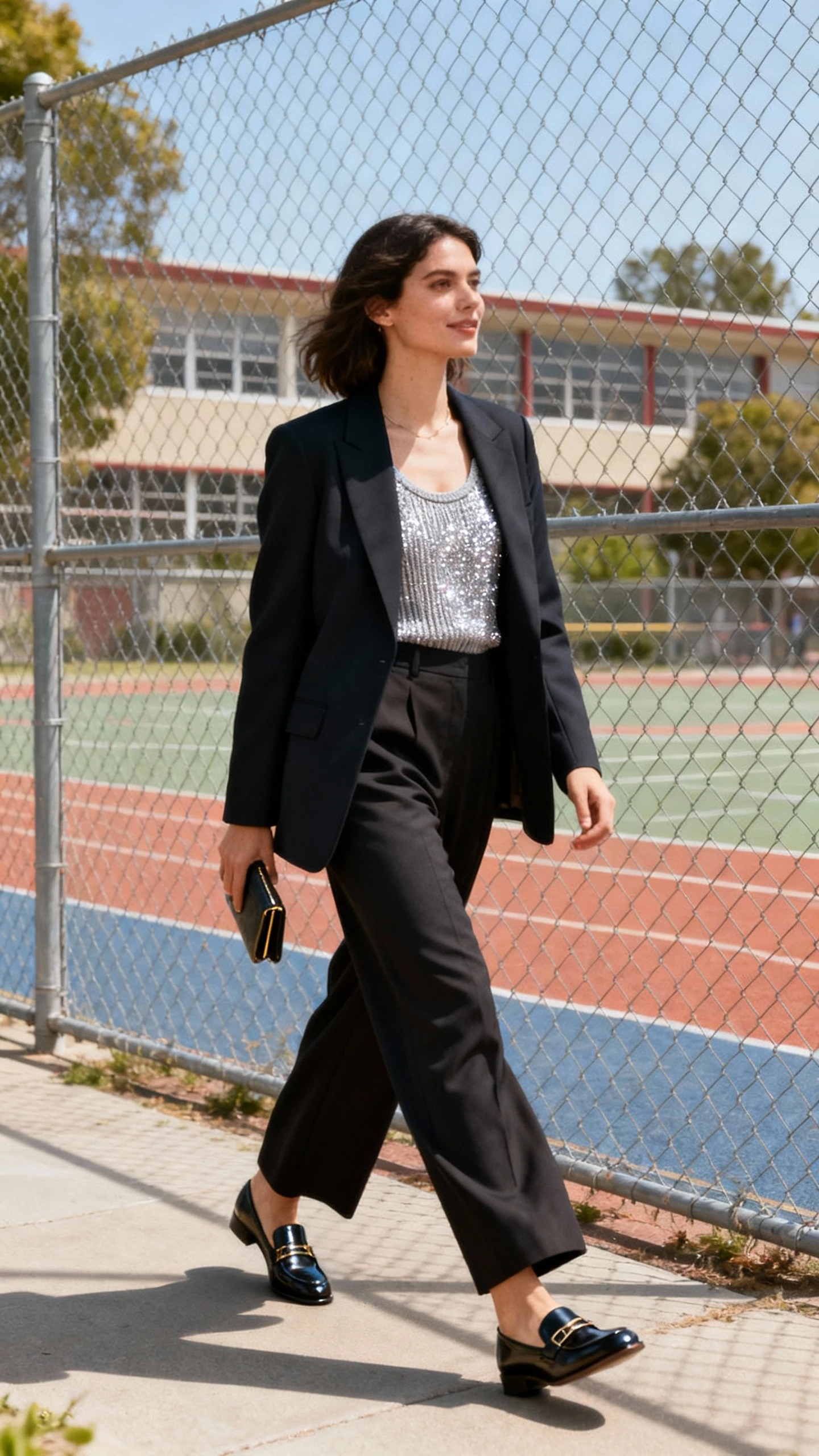 A woman wearing a tailored blazer, wide-leg trousers, and a sparkly knit tank, with sleek loafers and a small clutch, walking past a schoolyard fence, casual iPhone photo style, natural daylight, outdoor setting.