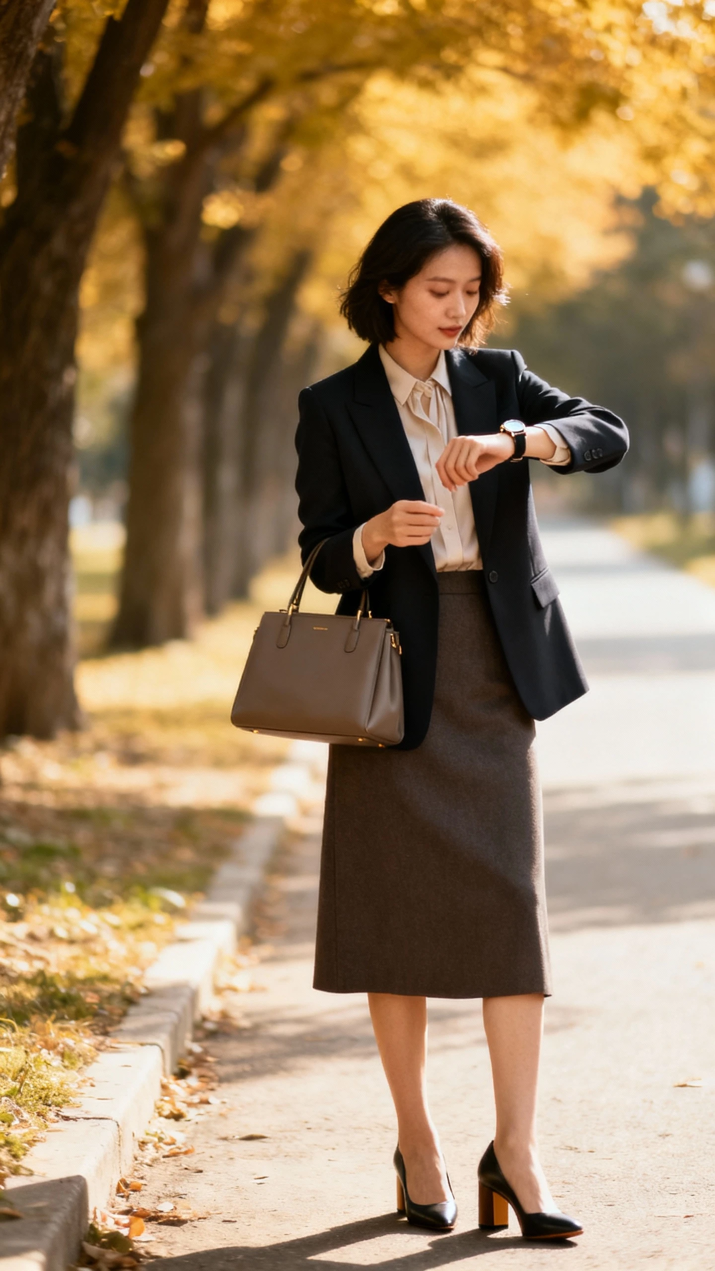 A woman wearing a tailored blazer with a midi skirt, tucked blouse, block-heel pumps, and a structured tote, checking her watch near a tree-lined path, casual iPhone photo style, natural daylight, outdoor setting.