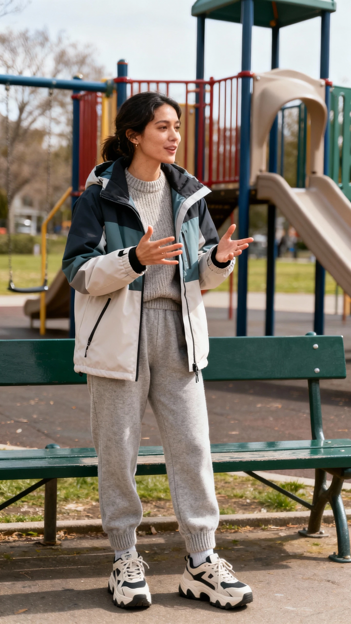 A woman wearing a techy parka with wool joggers and chunky sneakers, hands mid-gesture while chatting near a playground, casual iPhone photo style, natural daylight, outdoor setting.