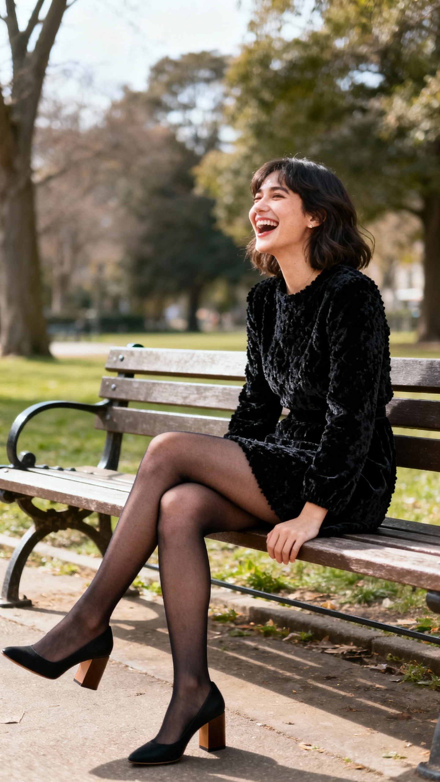 A woman wearing a textured little black dress (bouclé or velvet) with sheer tights and block heels, sitting on a park bench mid-laugh, casual iPhone photo style, natural daylight, outdoor setting.