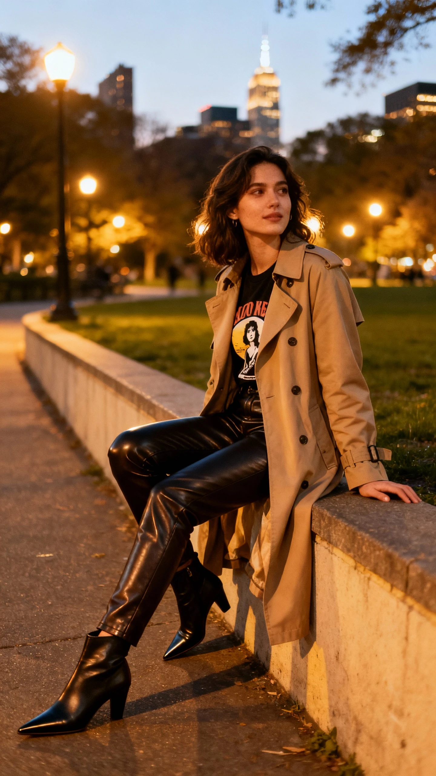 A woman wearing a trench coat over leather pants, a graphic tee, and pointed boots, perched on a low wall near city park lights at dusk, casual iPhone photo style, natural outdoor lighting.