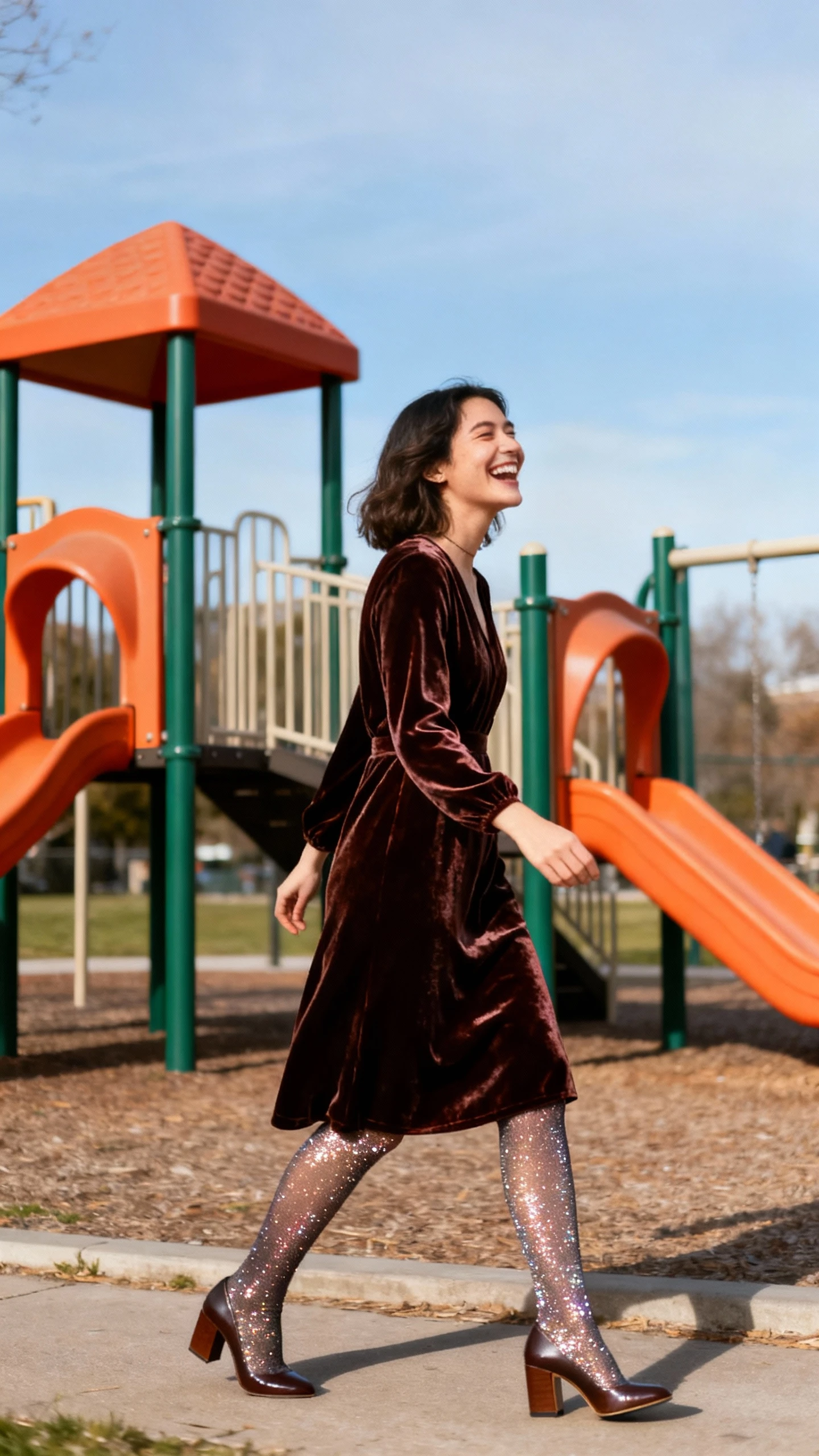 A woman wearing a velvet midi dress with sparkly tights and block-heel pumps, laughing while walking past a park playground, casual iPhone photo style, natural daylight, outdoor setting.