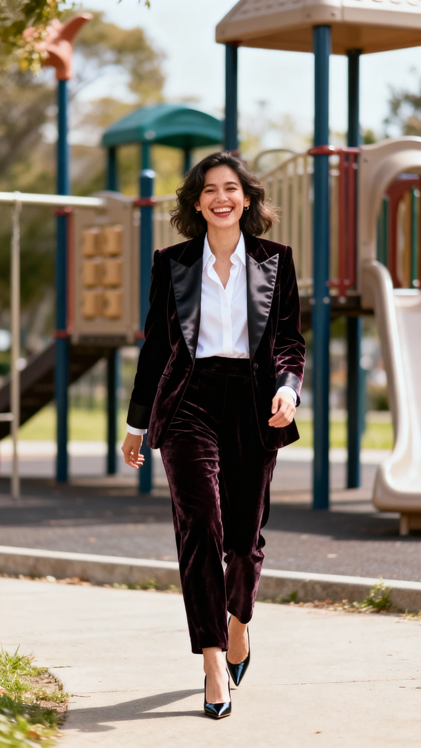 A woman wearing a velvet tuxedo blazer with satin lapels, matching velvet tailored trousers, a crisp white blouse, and pointed heels, laughing while strolling past a playground, casual iPhone photo style, natural daylight, outdoor setting.