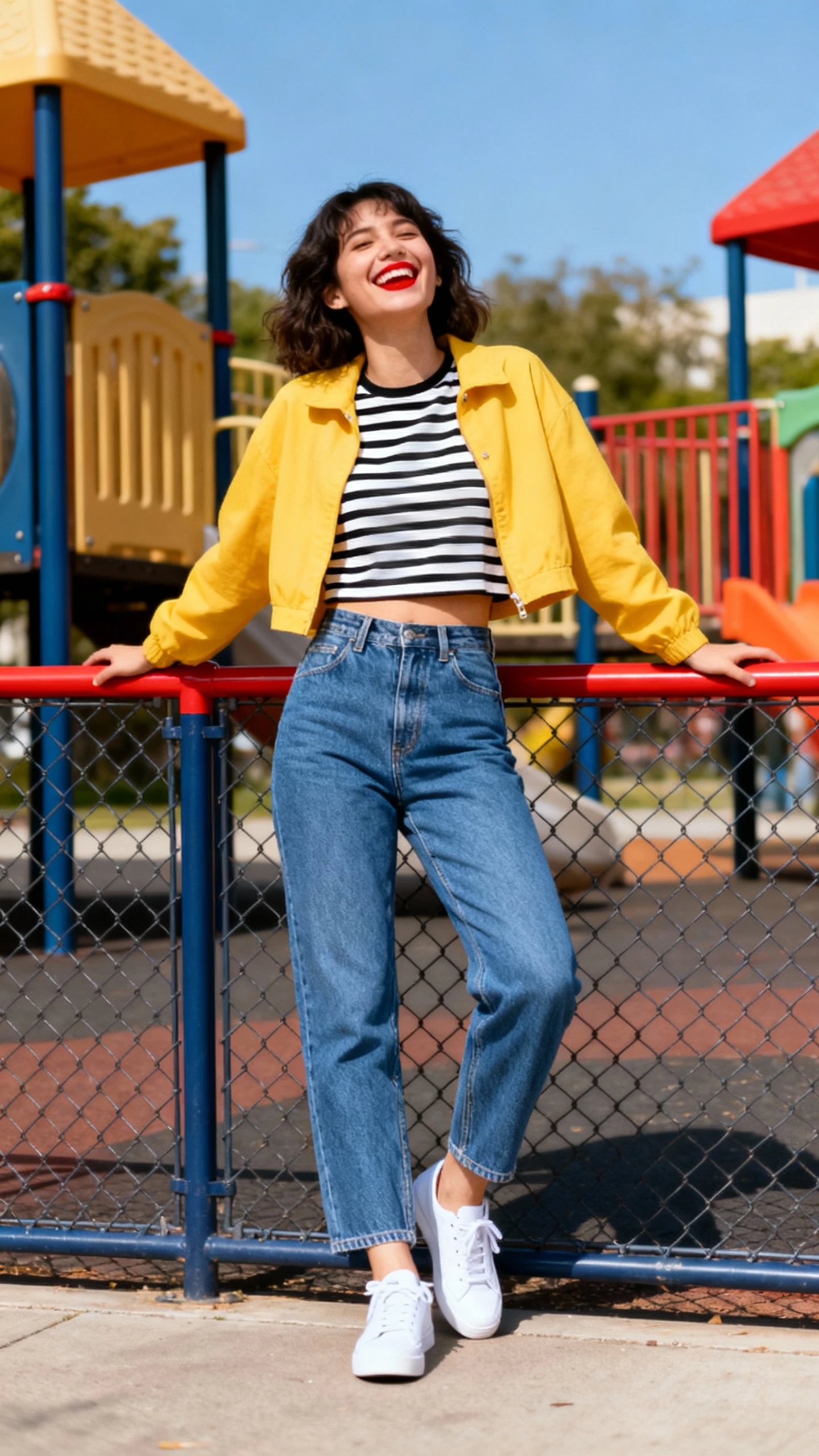 A woman wearing a yellow cropped jacket over a classic black-and-white striped tee, high-rise blue jeans, white sneakers, and a small red lip for contrast, leaning on a playground fence laughing, casual iPhone photo style, sunny day, outdoor setting.