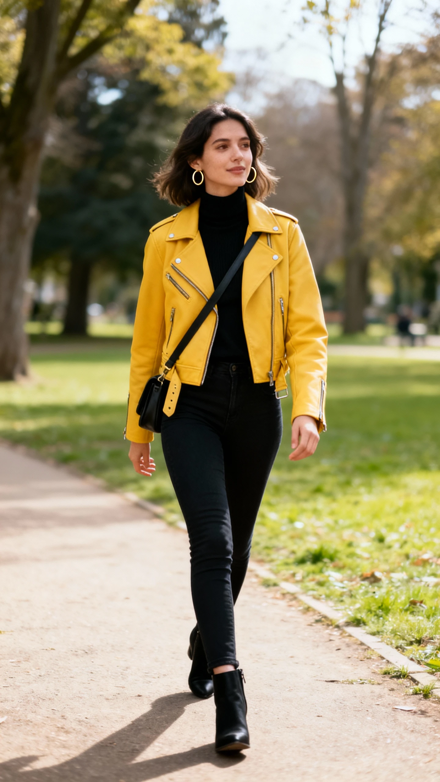 A woman wearing a yellow moto jacket over a black monochrome base (black turtleneck, black skinny jeans, black ankle boots), minimal gold hoops and a black crossbody, walking through a park path, casual iPhone photo style, natural daylight, outdoor setting.