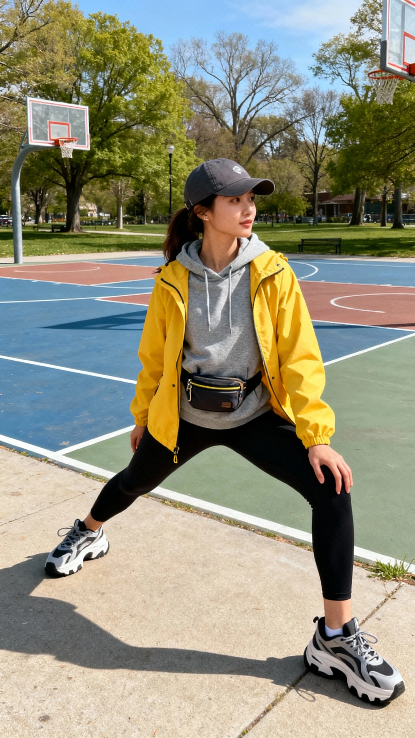 A woman wearing a yellow windbreaker over a gray hoodie, black leggings, chunky running sneakers, baseball cap, and a small belt bag, stretching near a park basketball court, casual iPhone photo style, sunny day, outdoor setting.