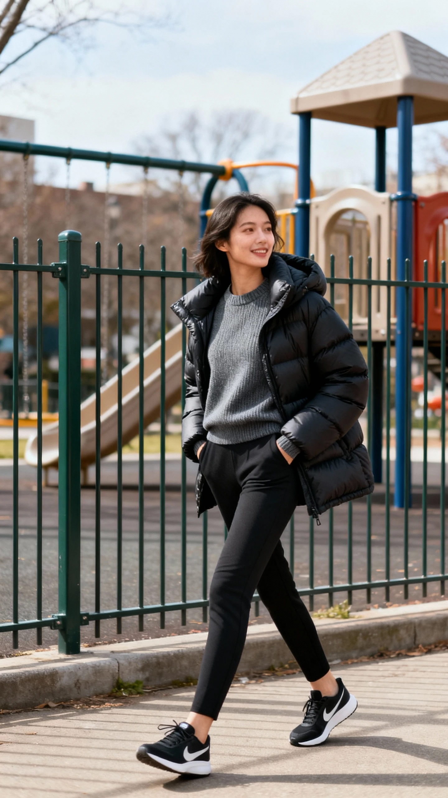 A woman wearing an elevated puffer over a monochrome base (matching sweater, slim pants, and sleek sneakers), hands in pockets, walking past a playground fence, casual iPhone photo style, natural daylight, outdoor setting.