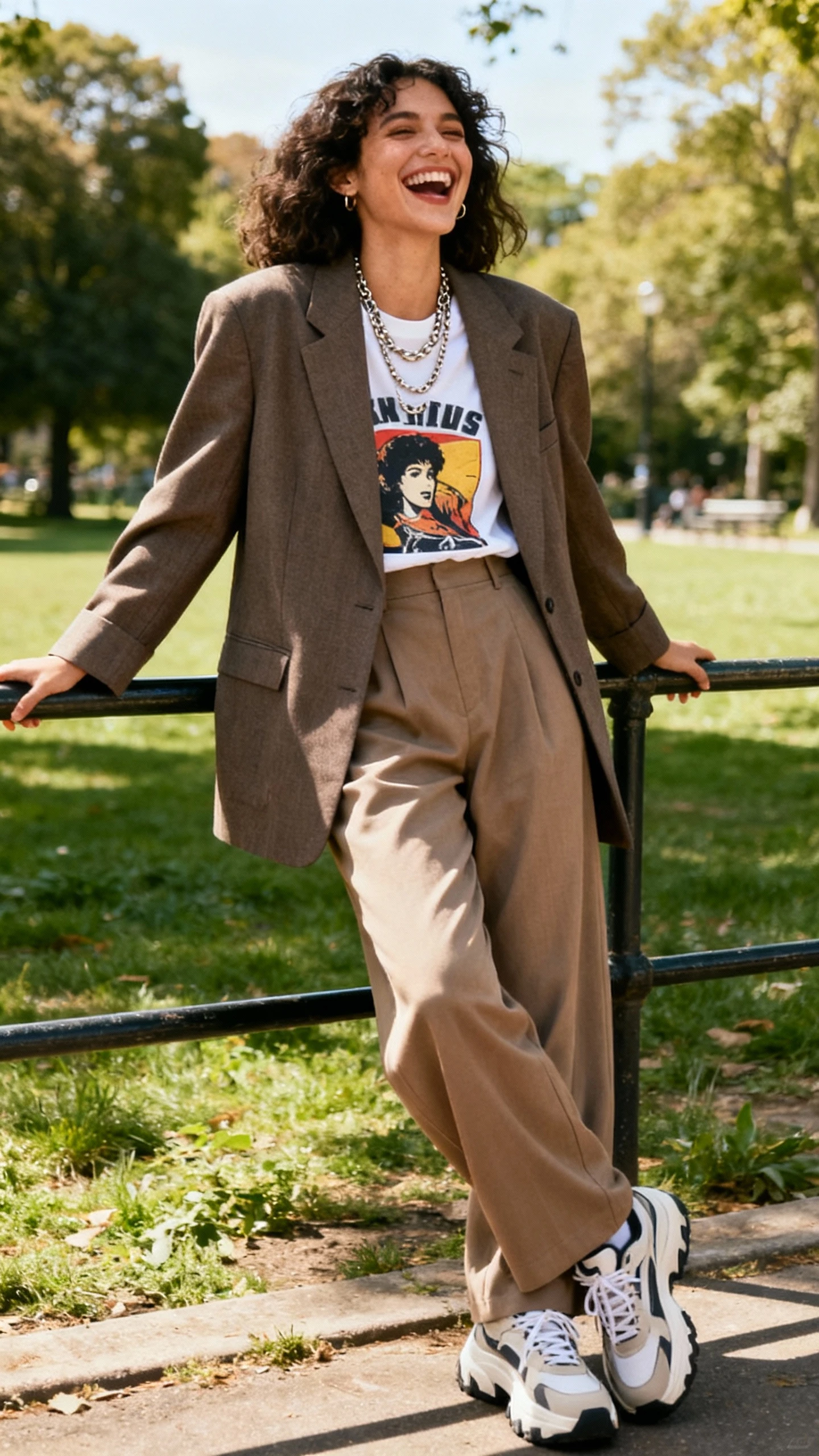 A woman wearing an oversized blazer over a graphic tee with wide-leg trousers, chunky sneakers, and layered necklaces, leaning on a park railing mid-laugh, casual iPhone photo style, natural daylight, outdoor setting.