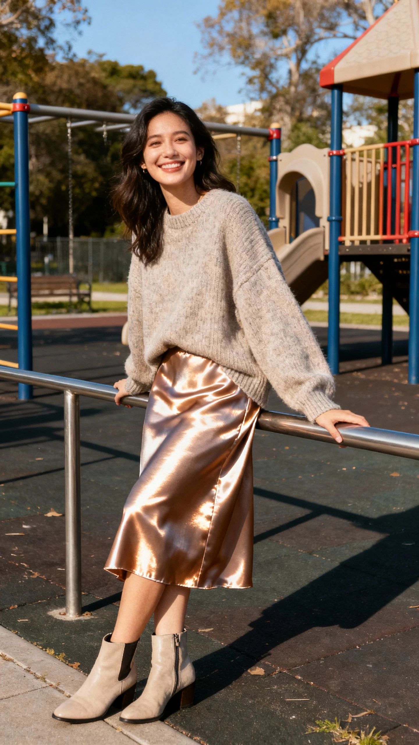 A woman wearing an oversized sweater and a satin midi skirt that catches the light, with ankle boots, leaning on a playground railing, candid smile, casual iPhone photo style, sunny day, outdoor setting.