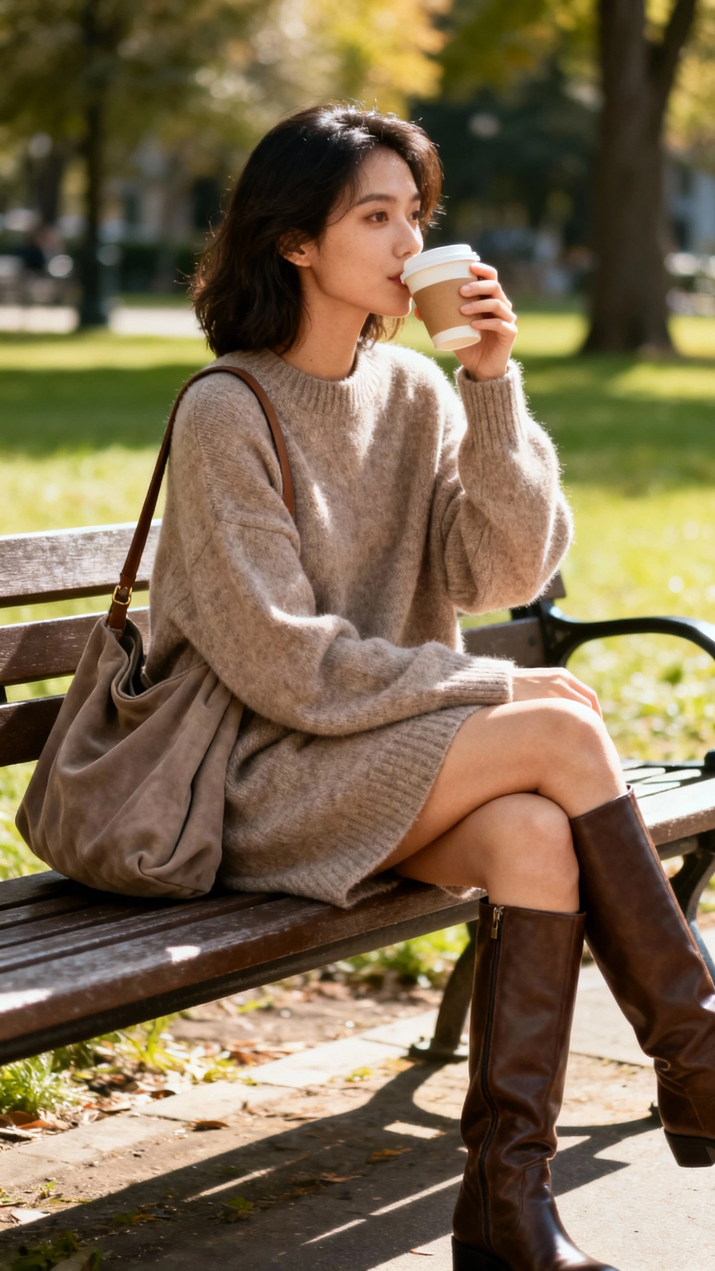 A woman wearing an oversized sweater dress with over-the-knee boots and a slouchy shoulder bag, sitting on a park bench sipping coffee, candid and relaxed, casual iPhone photo style, sunny day, outdoor setting.