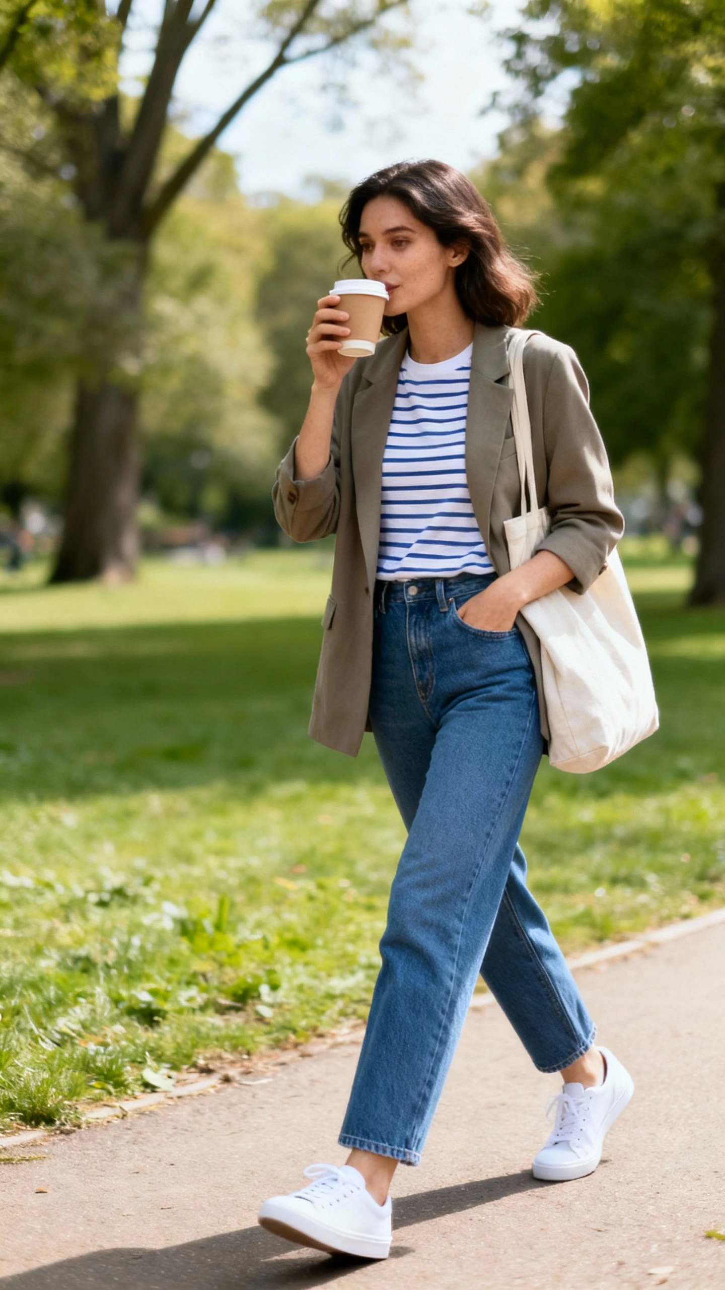 A woman wearing straight-leg blue jeans, a relaxed blazer over a striped tee, white low-top sneakers, and a tote bag, sipping coffee while walking a park path, casual iPhone photo style, natural daylight, outdoor setting.