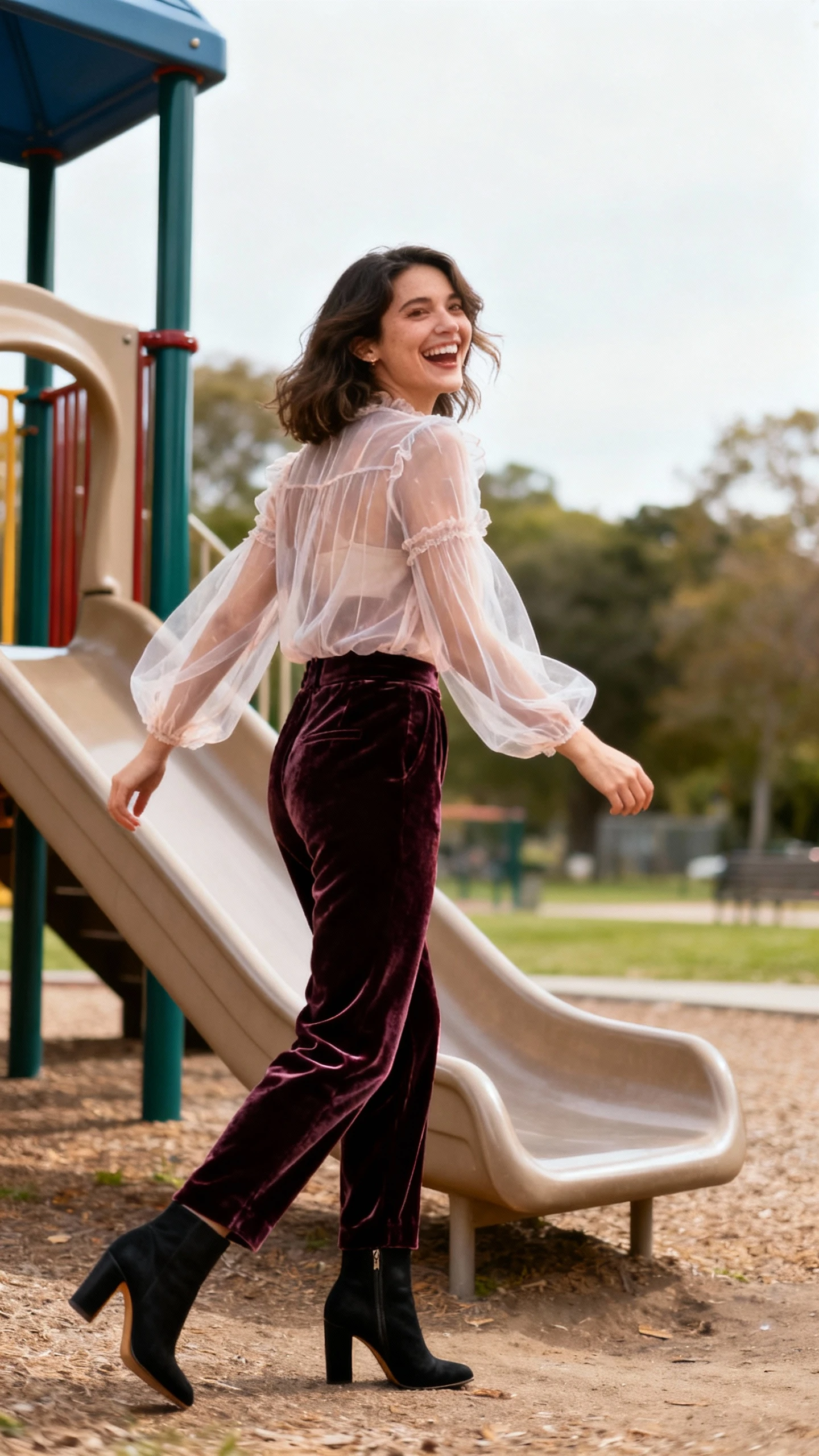 A woman wearing velvet pants and a romantic sheer-sleeve blouse with heeled booties, turning to laugh near a park playground slide, casual iPhone photo style, natural daylight, outdoor setting.