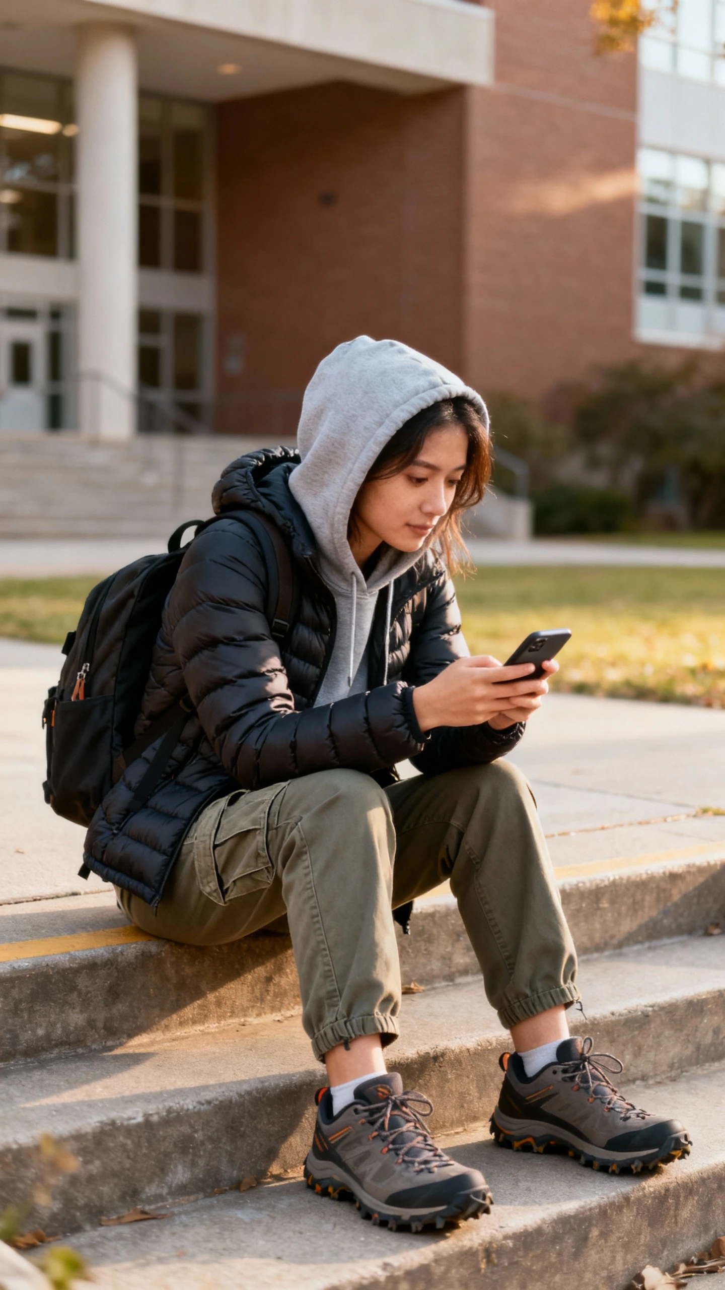 Campus-core candid of a woman in a hoodie with a puffer jacket, cargo pants, and trail sneakers, backpack over one shoulder, sitting on campus steps scrolling her phone, face looking away, soft afternoon light, iPhone photo quality.
