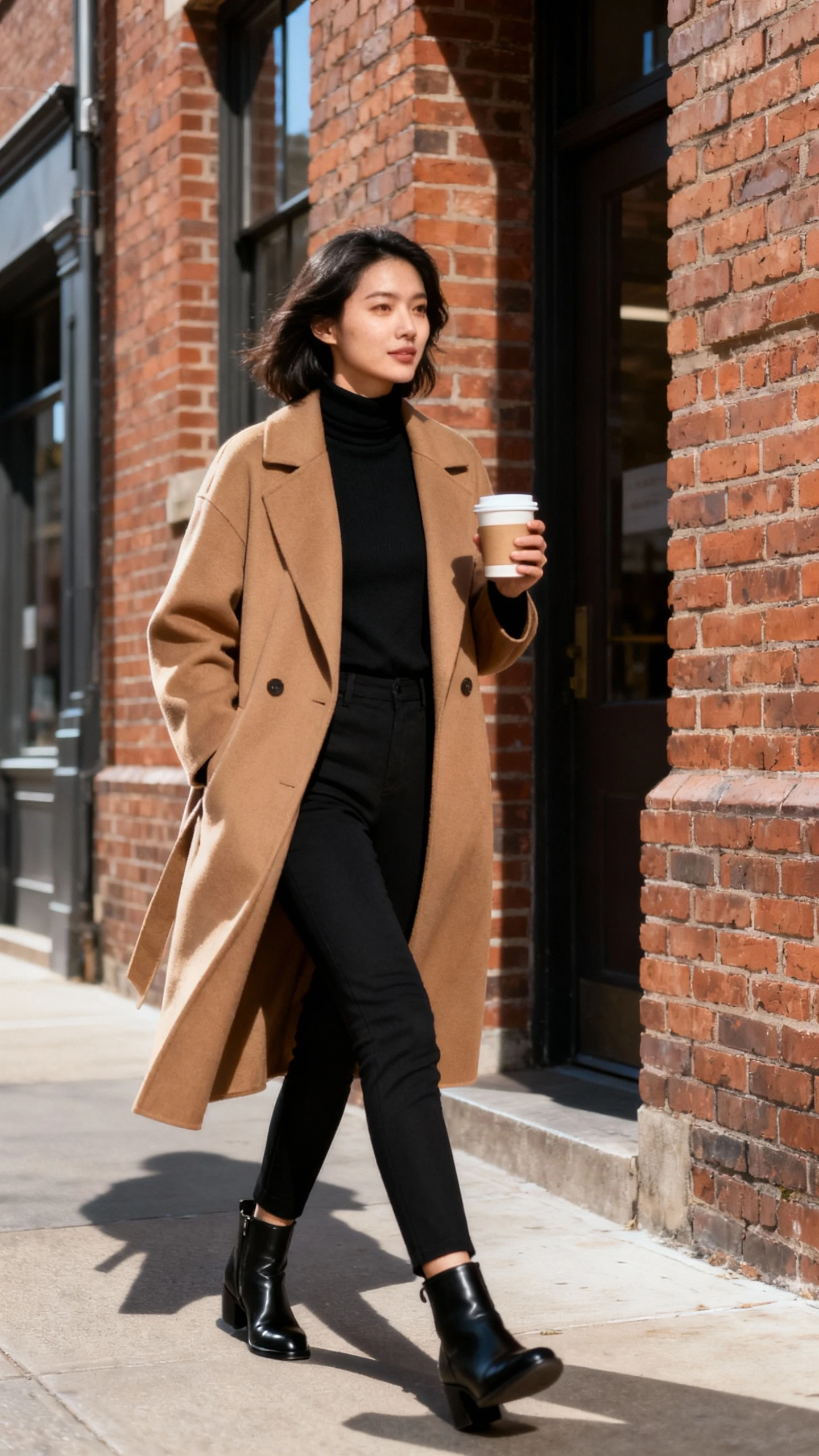 Candid city photo of a woman in a classic camel coat over an all-black base (black turtleneck, black slim trousers, black ankle boots), holding a coffee while walking past brick buildings, face in shadow, crisp daylight, iPhone photo quality.