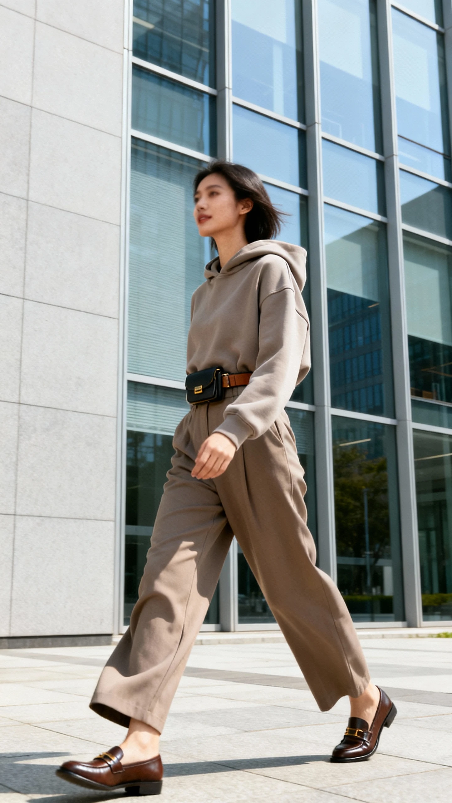 Candid city photo of a woman wearing a structured hoodie with wide-leg trousers, loafers, and a belt bag, striding by office buildings, face slightly blurred, bright daylight, iPhone photo quality.