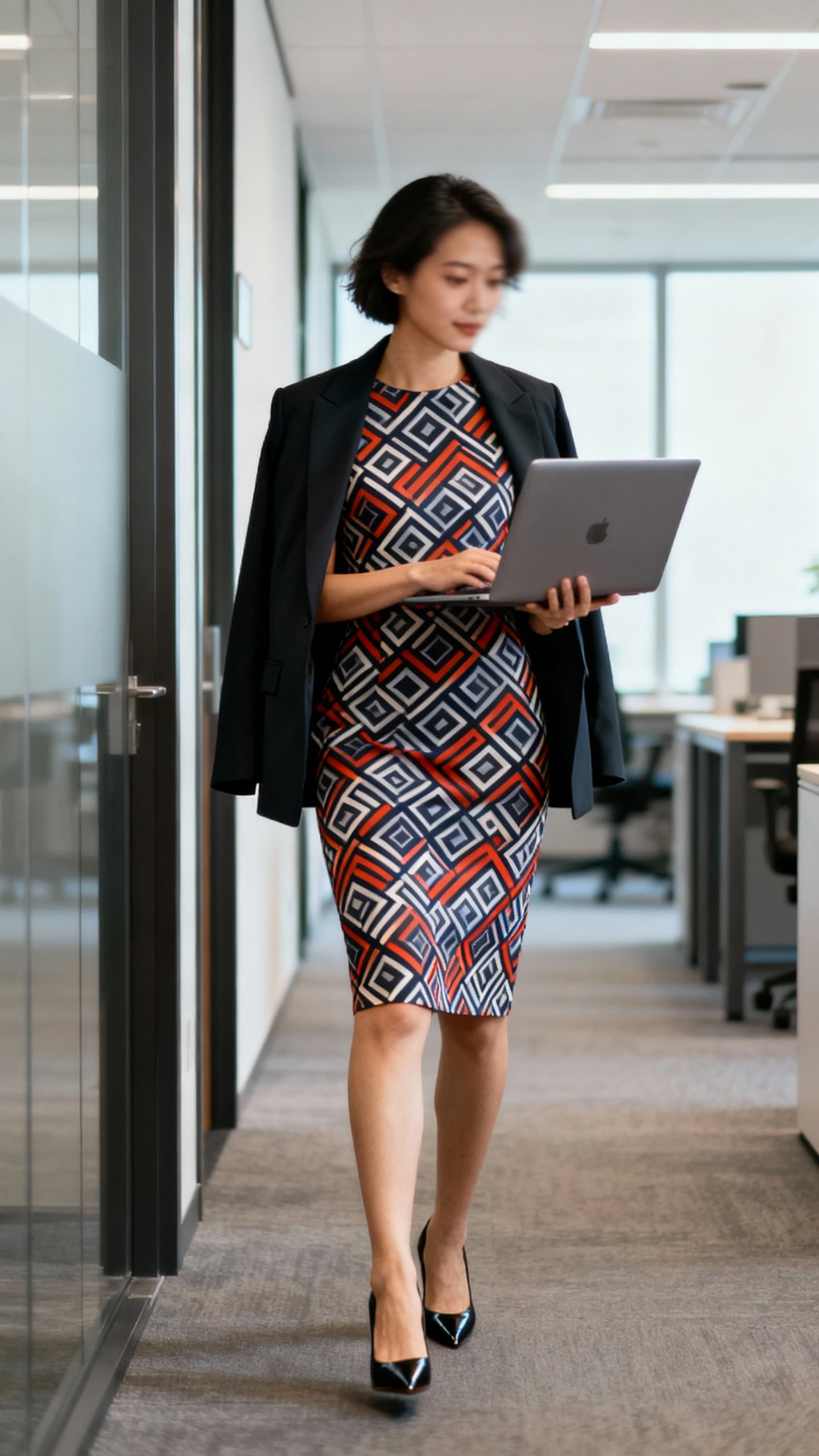 Candid office hallway photo of a woman wearing a knee-length sheath dress in a bold geometric print, tailored blazer draped over shoulders and pointed heels, holding a laptop, face slightly blurred, natural indoor light, iPhone photo quality, unstaged.