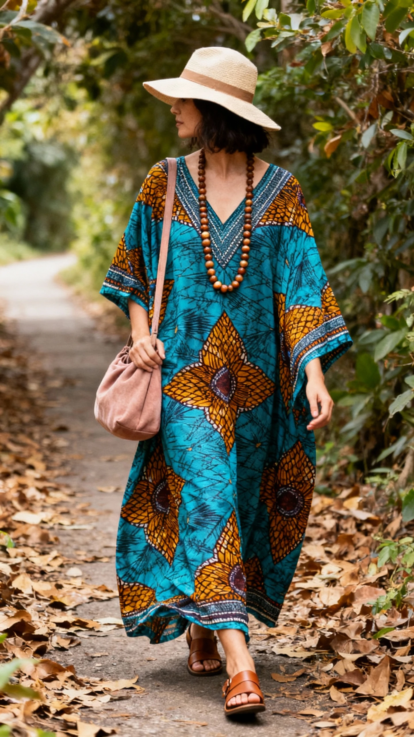 Candid park photo of a woman wearing a flowy wax print maxi kaftan with a V-neck, flat leather sandals, a long beaded necklace, a soft hobo bag, and a wide-brim hat, walking along a leafy path, face looking away, natural daylight, iPhone photo quality.