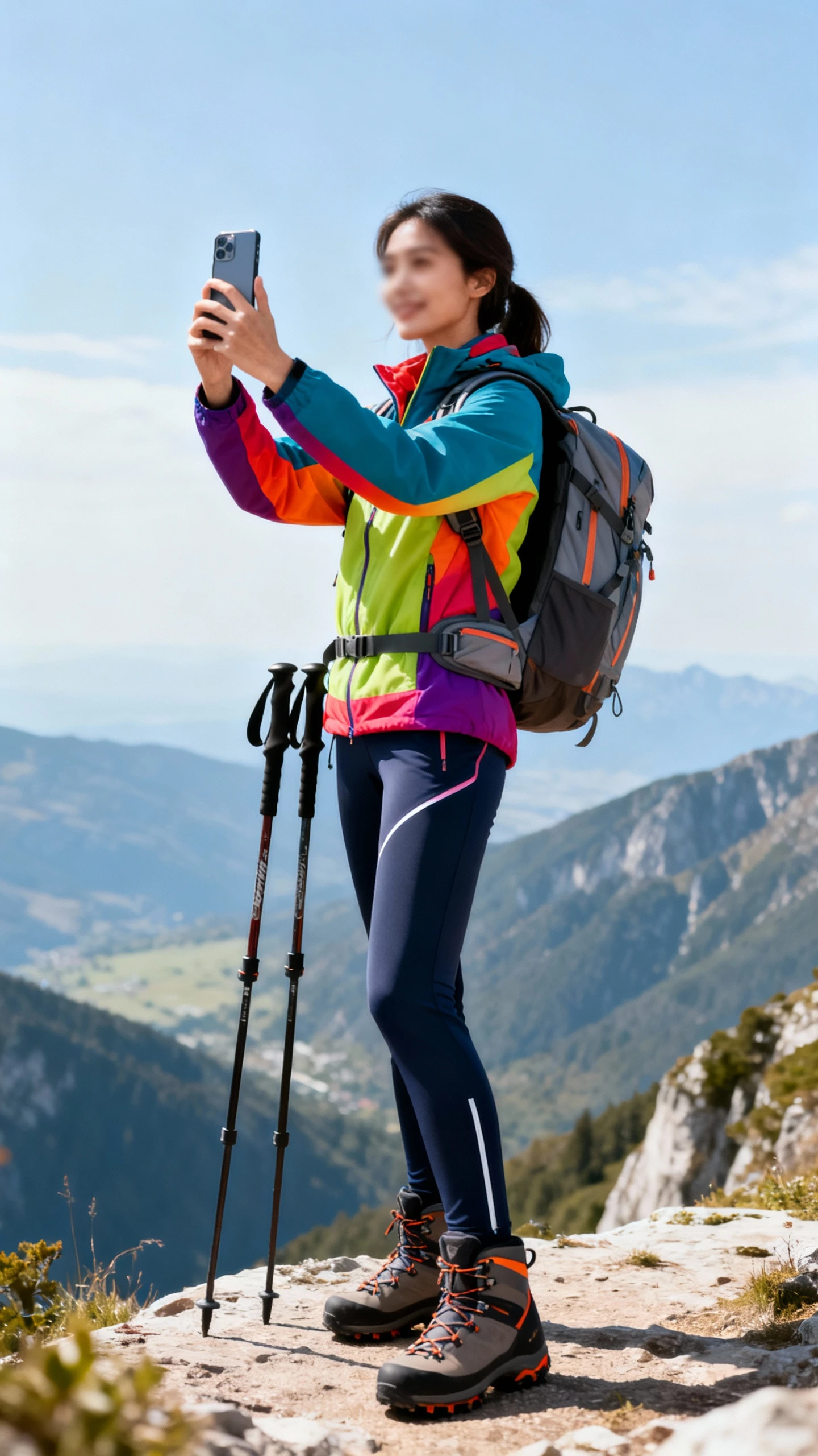 Candid photo of a woman in a high-performance look: color-pop technical shell, sleek stretch hiking pants, mountaineering-style boots, and a streamlined daypack with trekking poles, standing on a scenic overlook taking a phone pic, face slightly blurred, bright mountain light, casual iPhone aesthetic.