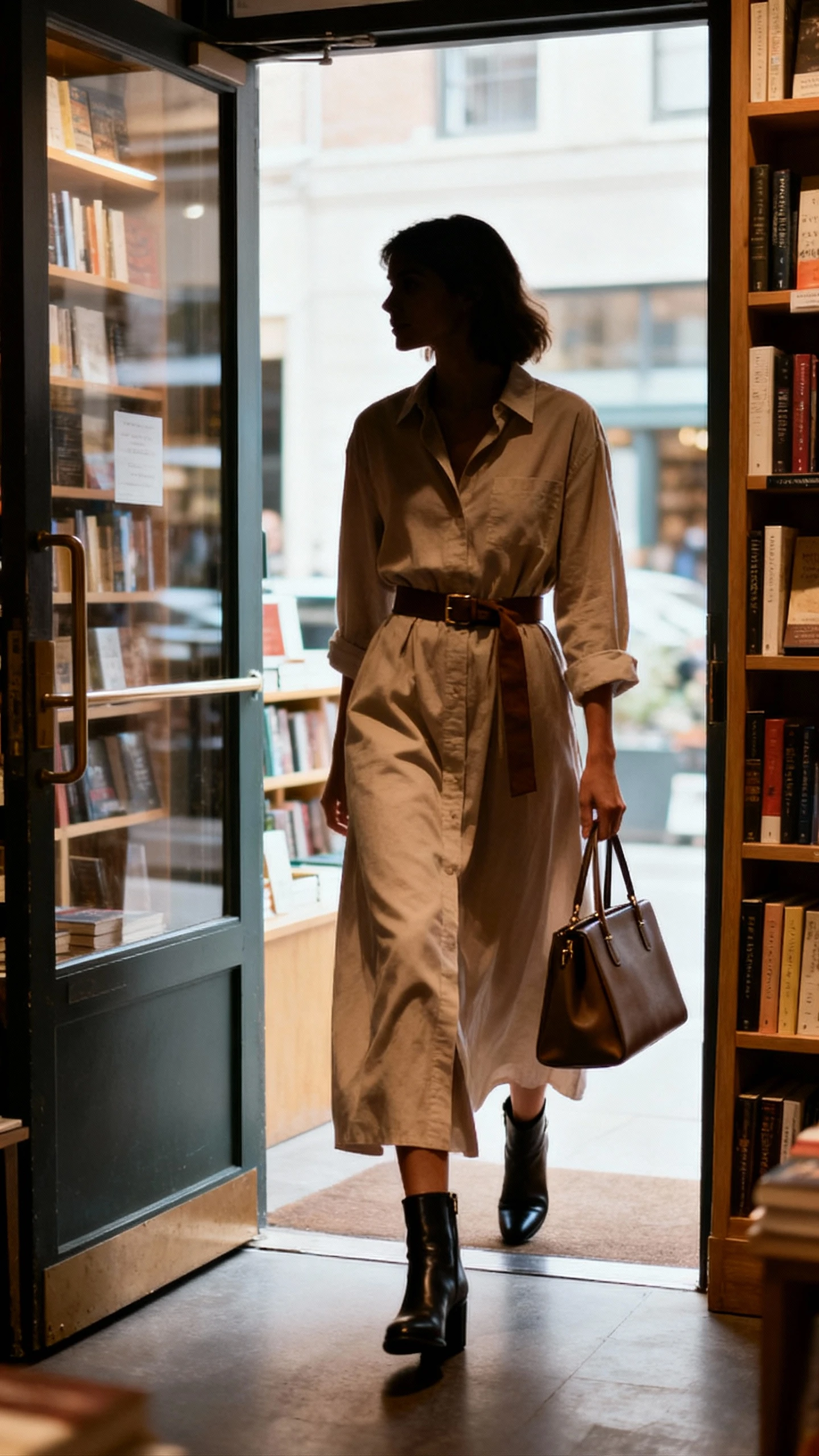Candid photo of a woman in a maxi shirt dress cinched with a belt, paired with ankle boots and a structured tote, stepping into a bookstore, face in shadow, ambient indoor light, iPhone photo quality.