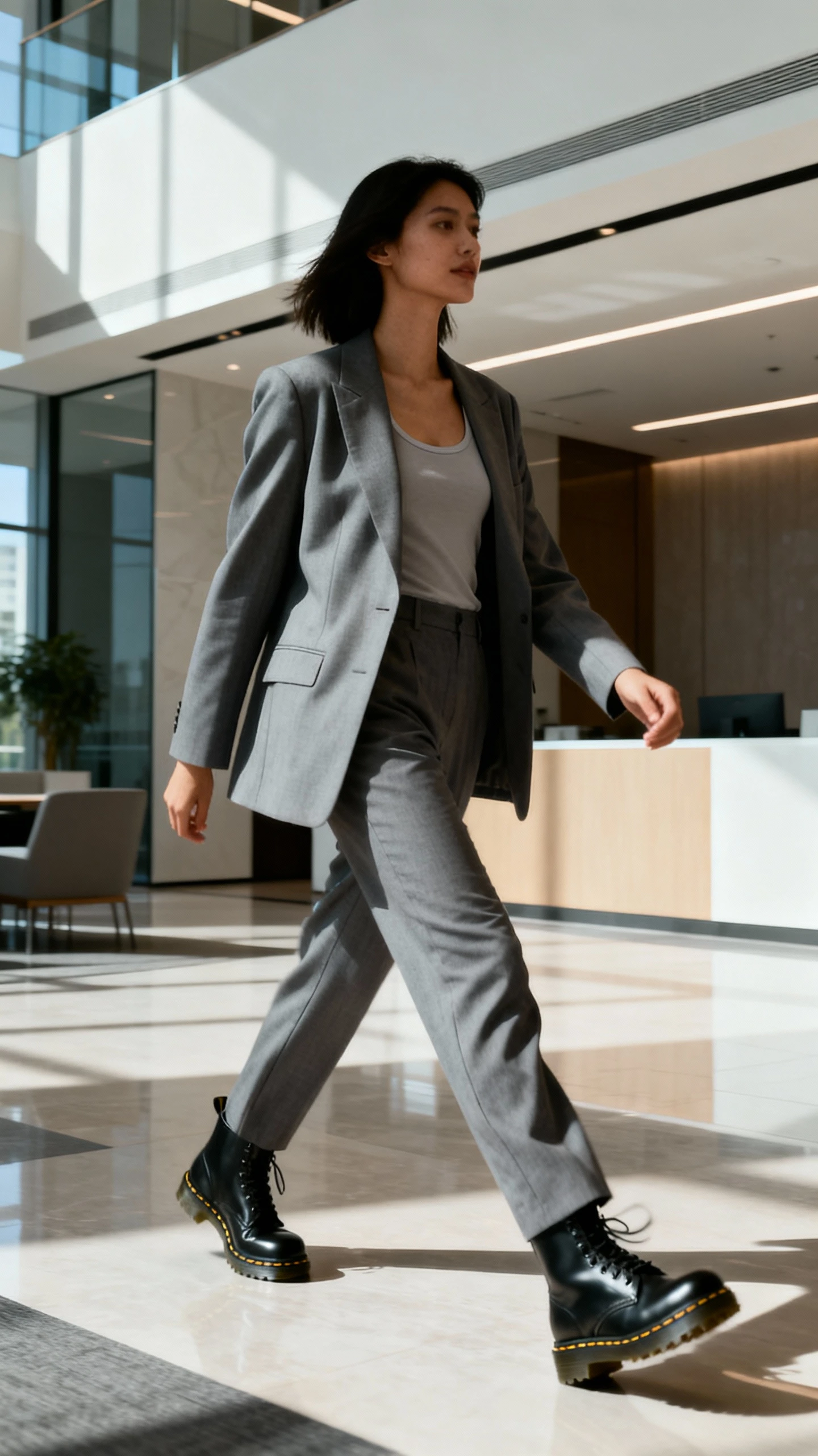 Candid photo of a woman in a monochrome tailored set (matching blazer and trousers) with a simple tank and sleek black Dr. Martens, striding through a modern office lobby, face in shadow, soft daylight, casual iPhone aesthetic.