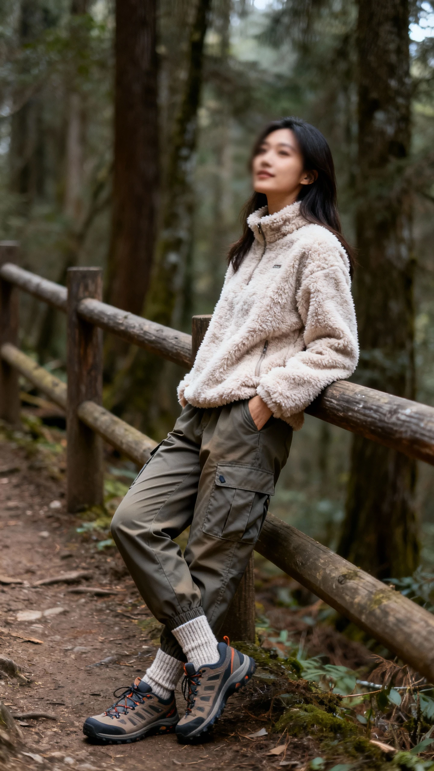 Candid photo of a woman in a plush sherpa fleece pullover, rugged ripstop hiking pants, wool hiking socks, and sturdy trail shoes, leaning against a wooden railing on a forest trail, face slightly blurred, soft overcast light, casual iPhone aesthetic.