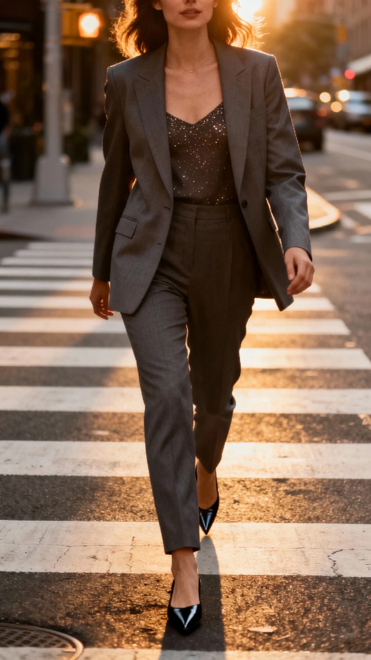 Candid photo of a woman in a power suit (tailored blazer and matching trousers) with a subtle party camisole and pointed flats, crossing a city crosswalk, face slightly blurred, golden hour street light, casual iPhone aesthetic.