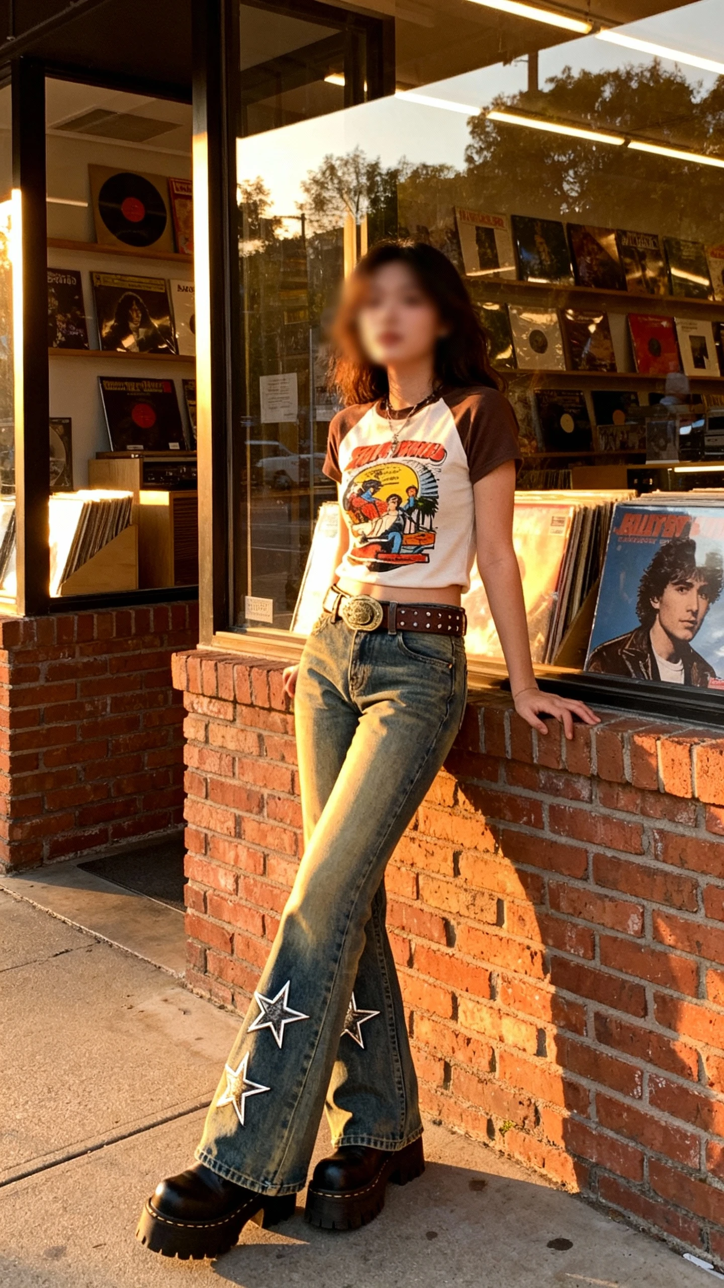 Candid photo of a woman in a retro graphic tee tucked into faded rock-star flare jeans with chunky boots and a vintage belt, leaning against a brick wall outside a record store, face slightly blurred, golden-hour street light, casual iPhone aesthetic.