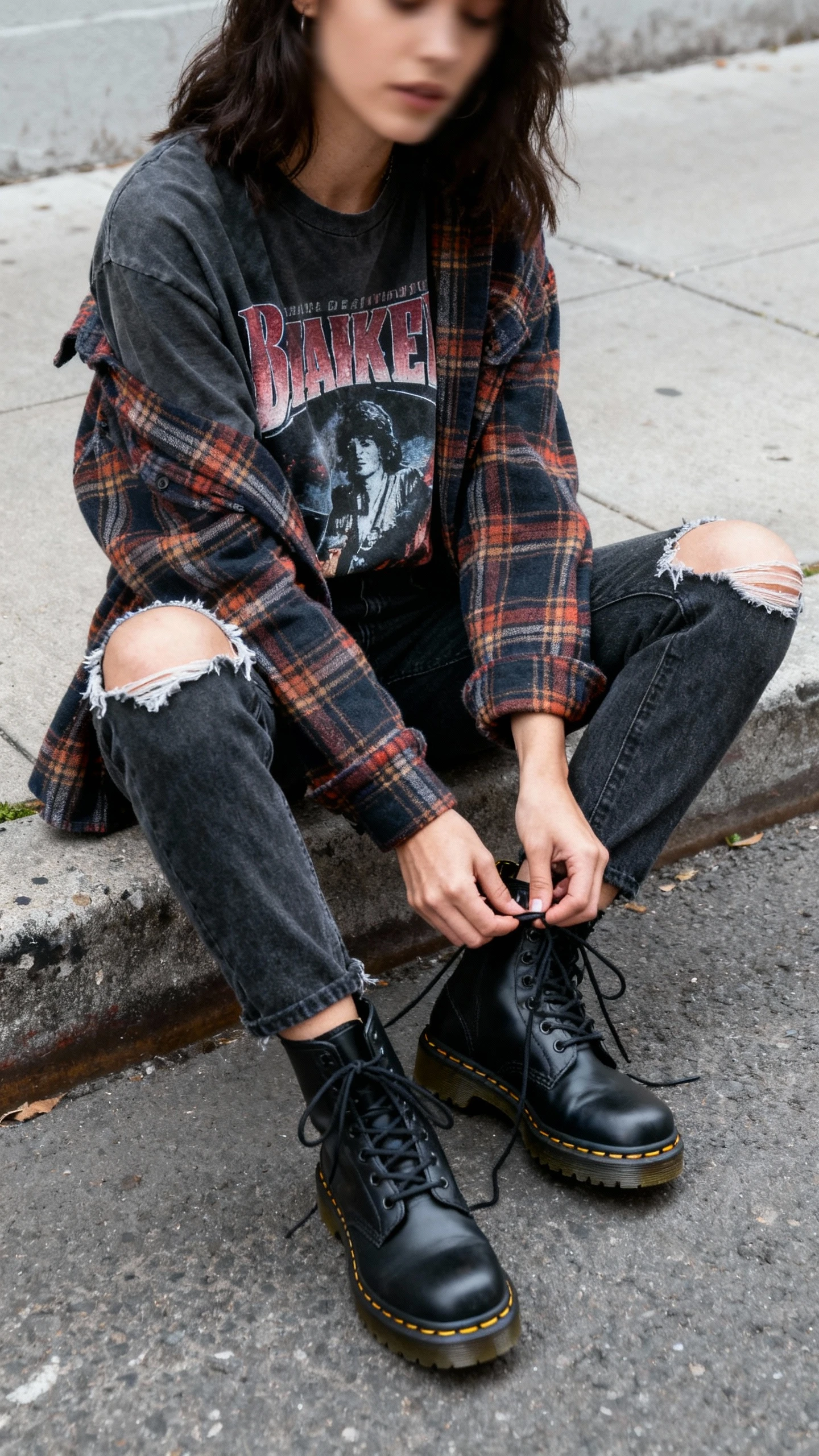 Candid photo of a woman in a slouchy band tee, plaid shacket, ripped straight-leg jeans, and chunky Dr. Martens, sitting on a curb tying her laces, face slightly blurred, overcast street light, casual iPhone aesthetic.