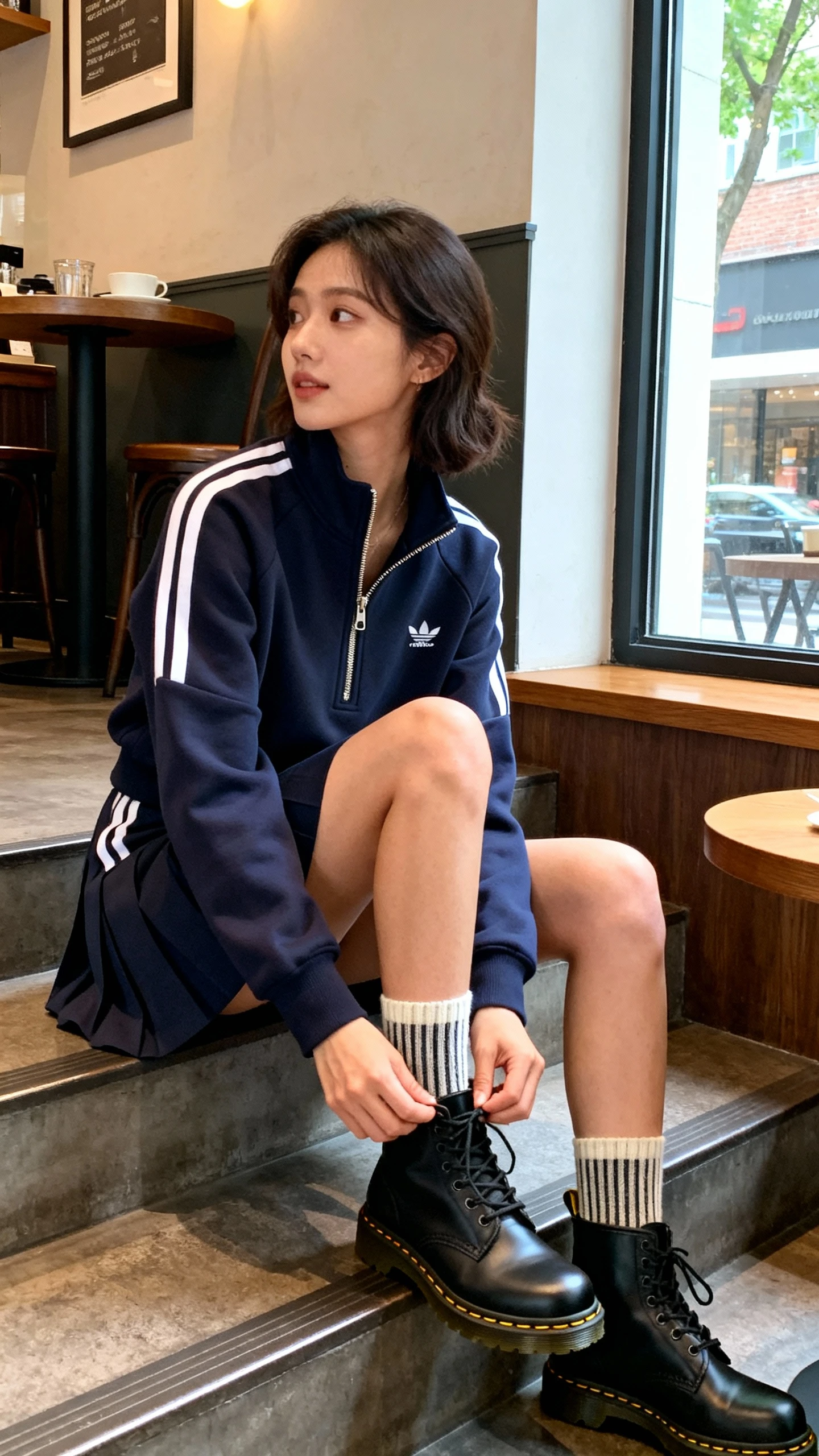 Candid photo of a woman in a sporty skirt set (tennis-style skirt with matching zip-up or sweatshirt), ribbed socks, and Dr. Martens, sitting on cafe steps tying her shoe, face looking away, natural window light, casual iPhone aesthetic.