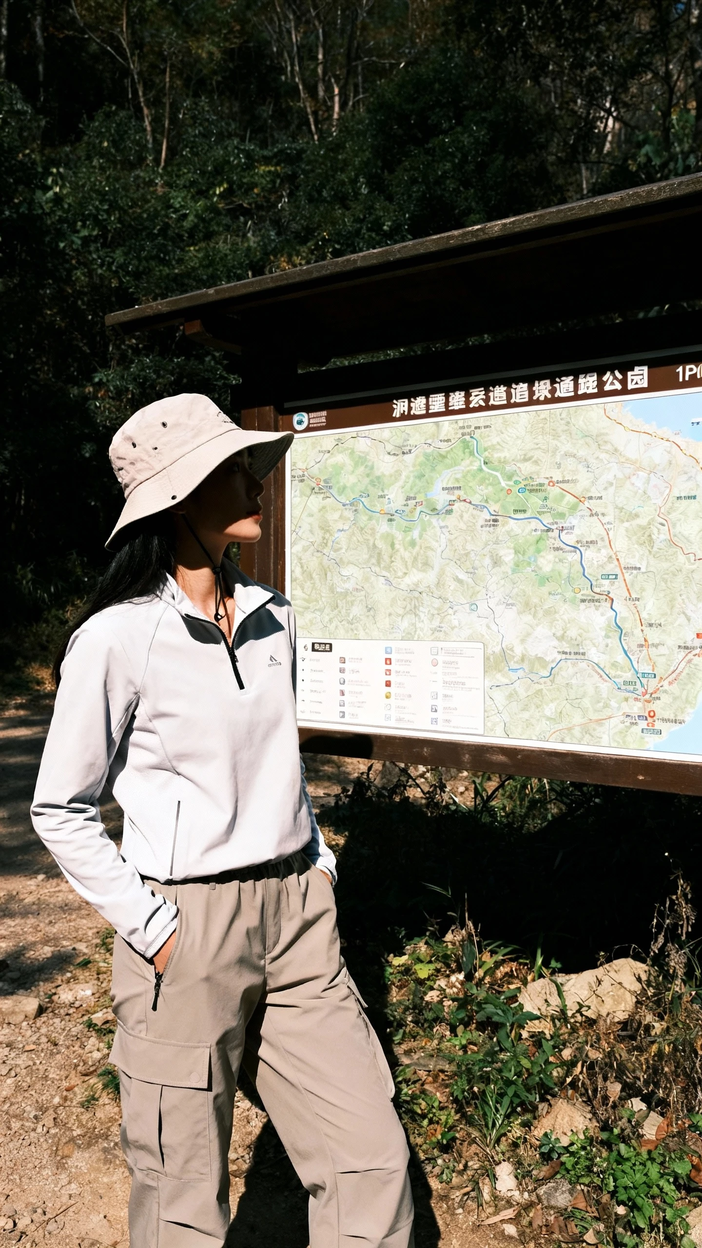 Candid photo of a woman in an all-weather convertible hiking set: zip-off trail pants, breathable long-sleeve with quarter-zip, light softshell, and a brimmed hat, pausing at a trailhead map, face in shadow, mixed sun and shade, iPhone snapshot.