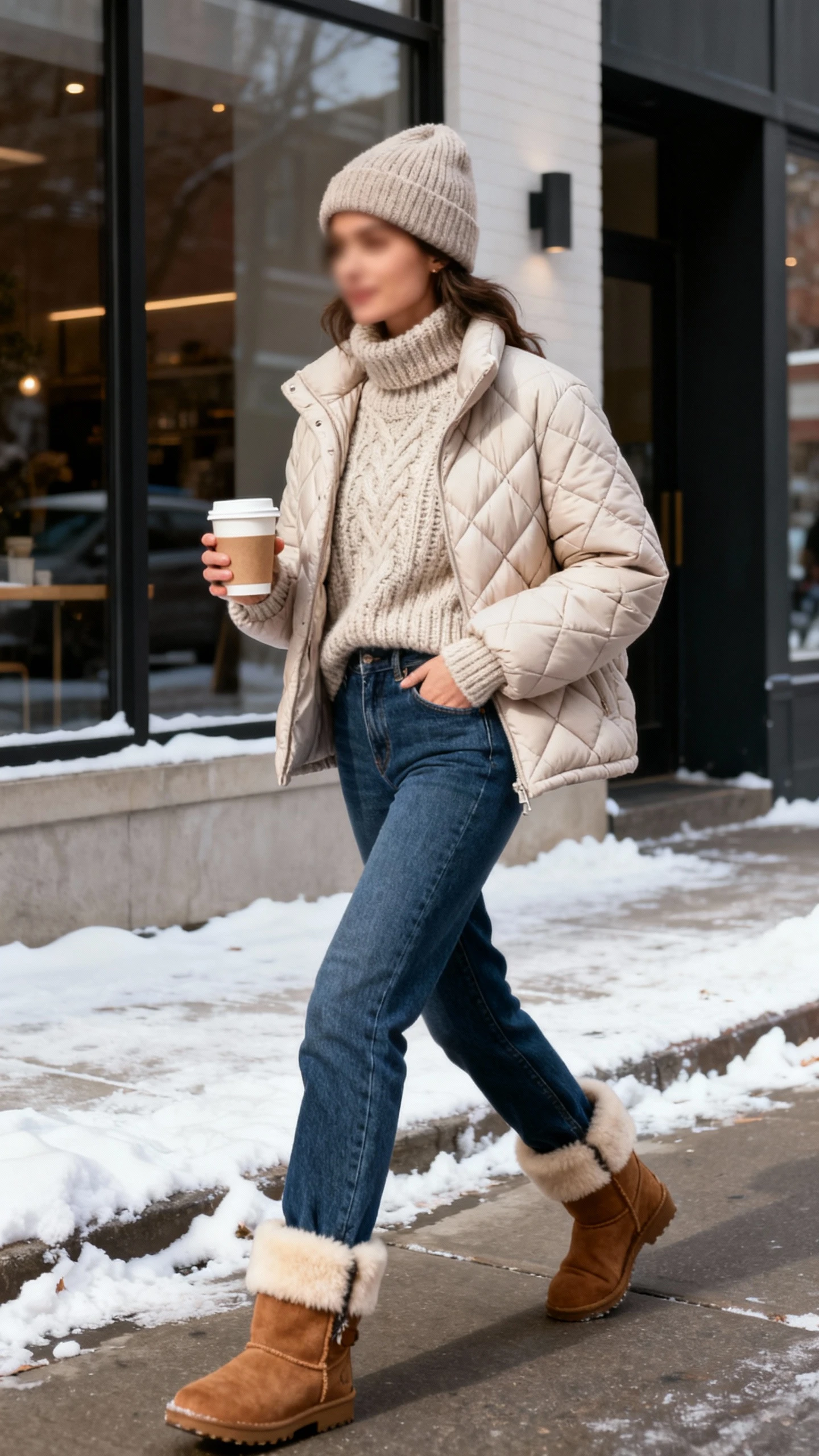 Candid photo of a woman in an après-ski city look: chunky knit sweater, quilted puffer, wool beanie, straight-leg jeans, and shearling-lined boots, carrying coffee while walking past snowy sidewalks, face slightly blurred, natural daylight, casual iPhone aesthetic.